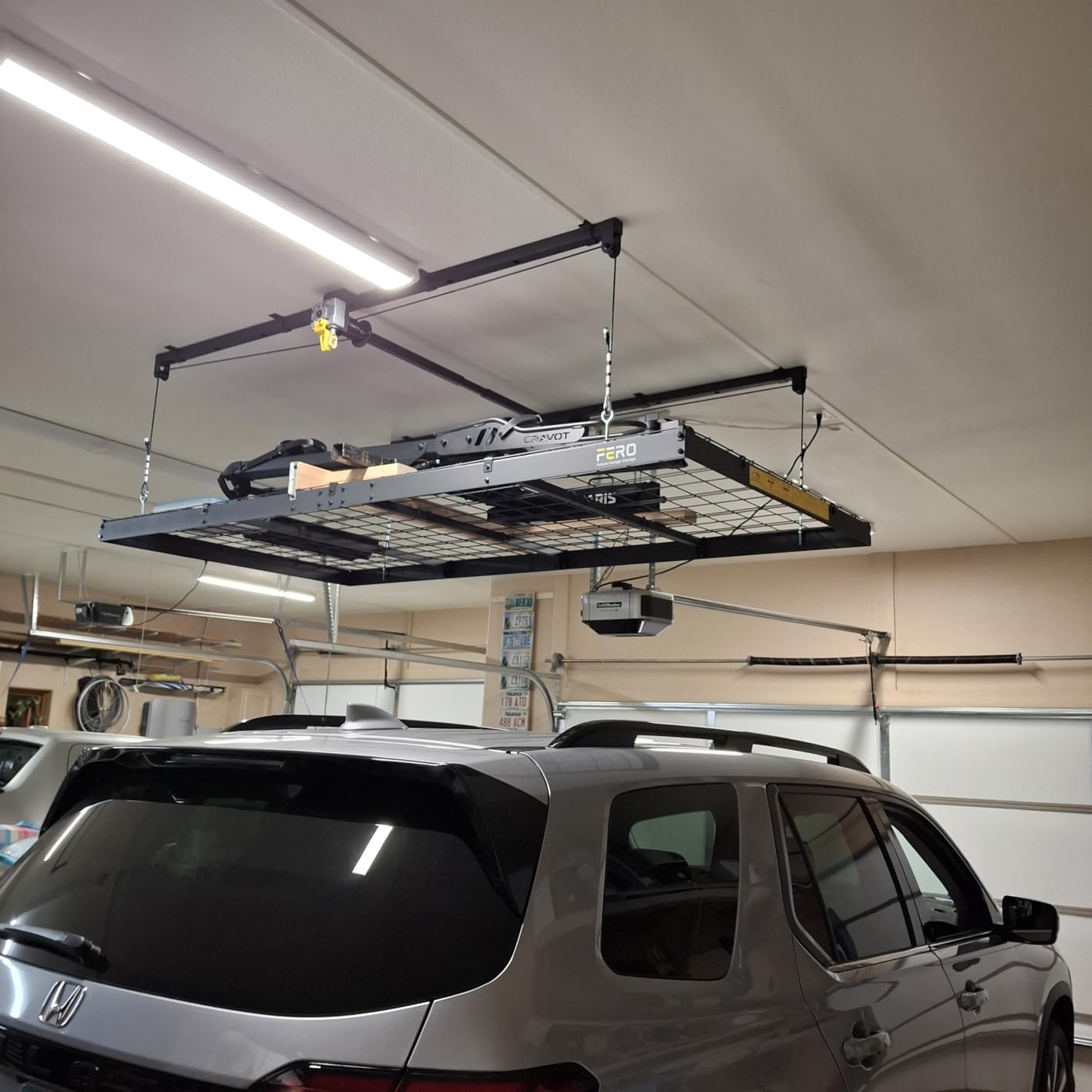 FERO Overhead Garage Storage Rack 4x8, 500 lb Heavy-Duty Capacity, Ceiling Mounted Storage Lift with Safety Lock, Drop Down Overhead Storage System, Garage Ceiling Hoist Organizer customer photo 2