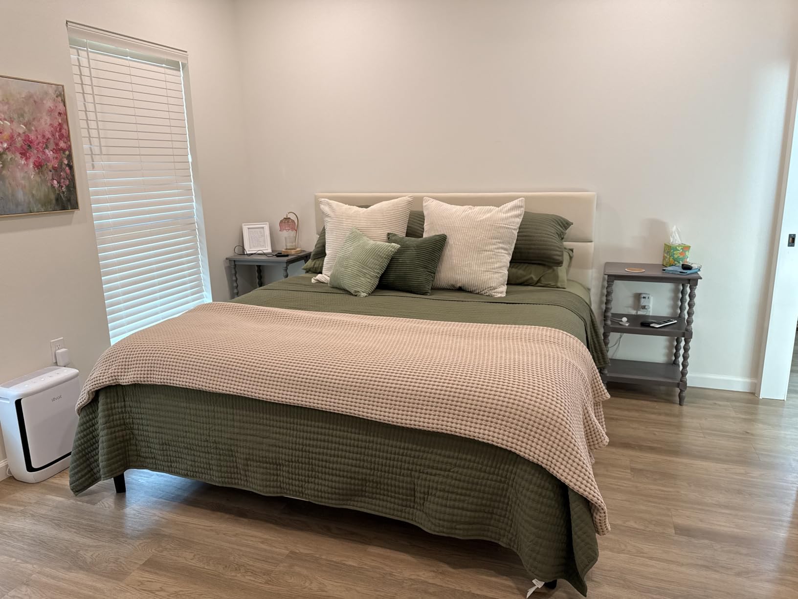 GRUSIGN King Size Platform Bed Frame with Velvet Headboard, Adjustable Height Wooden Slats Support, Upholstered Mattress Foundation, Beige customer photo 1