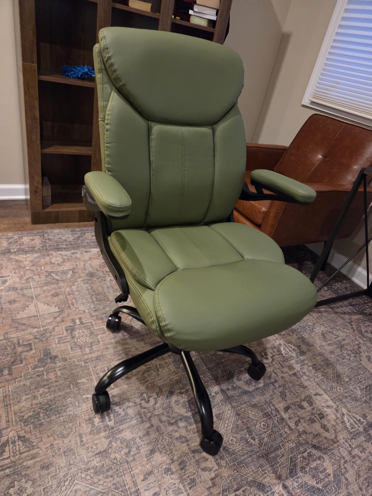 Leather Executive Office Chair - Black Ergonomic Computer Desk Chair | Flip-up Arms, PU Leather, Mid Back Support, Adjustable Height, Swivel Rolling Wheels for Short People Study Work for Small Space customer photo 1