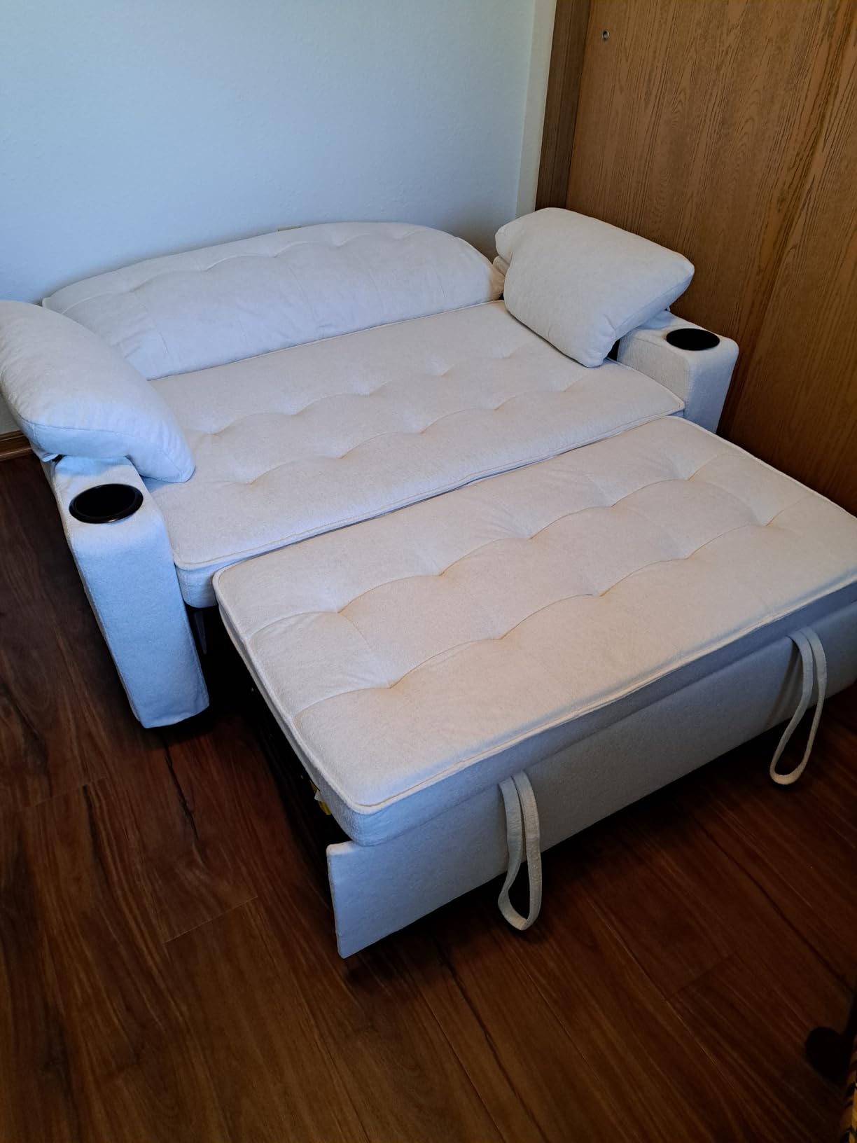 58'' Convertible Sofa Bed with USB Charger and Cup Holders, Teddy Fabric Loveseat Pull Out Couch with Adjustable Backrest and Side Pocket for Small Space(Grey) customer photo 1