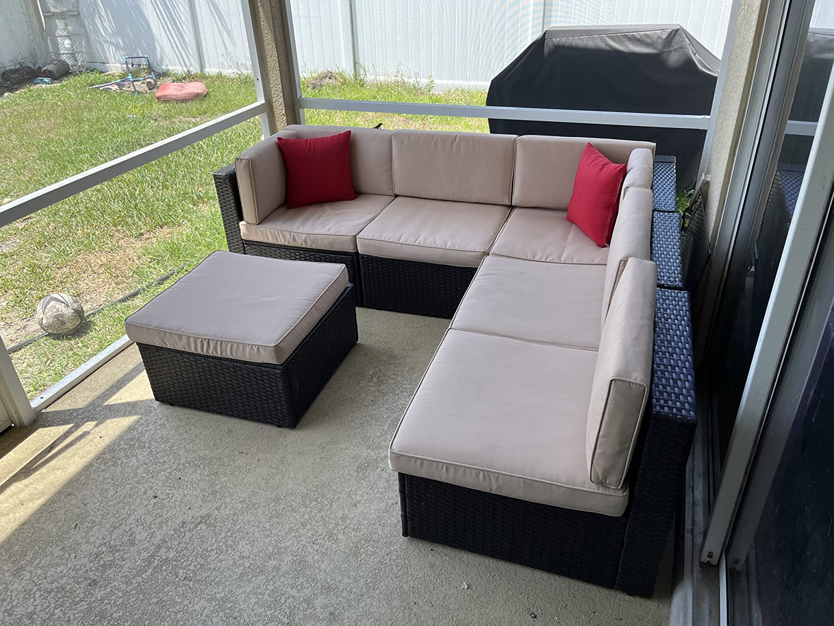 Shintenchi 7 Pieces Patio Furniture Sets Outdoor All-Weather Sectional Patio Sofa Set PE Rattan Manual Weaving Wicker Patio Conversation Set with Glass Table&Ottoman Cushion and Red Pillows, Beige customer photo 1