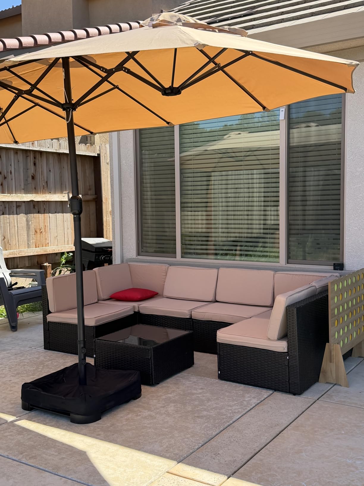 Shintenchi 7 Pieces Patio Furniture Sets Outdoor All-Weather Sectional Patio Sofa Set PE Rattan Manual Weaving Wicker Patio Conversation Set with Glass Table&Ottoman Cushion and Red Pillows, Beige customer photo 2