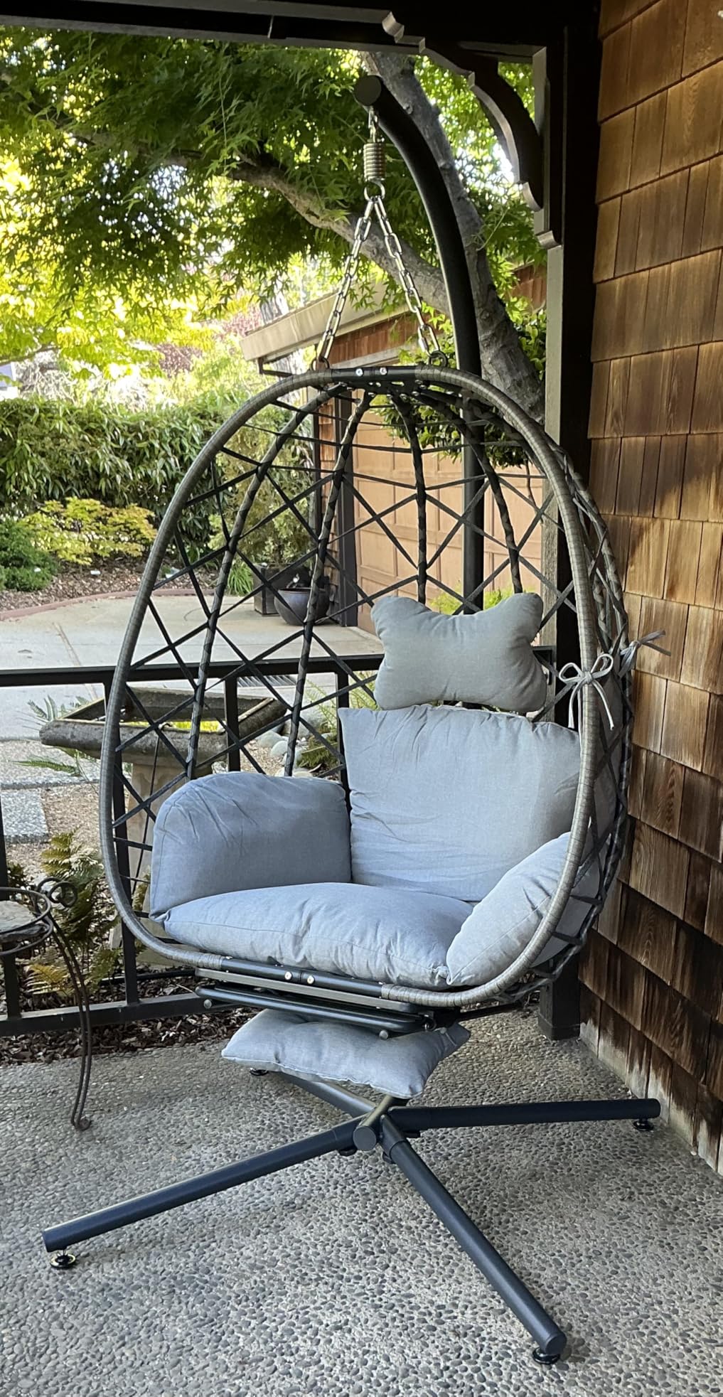 Suteck Hanging Egg Chair with Adjustable Footrest & Stand, Grey | Indoor Outdoor Wicker Hammock Swing Egg Chairs with Cushion, 330lbs Capacity, For Patio, Bedroom, Lawn, Garden customer photo 1