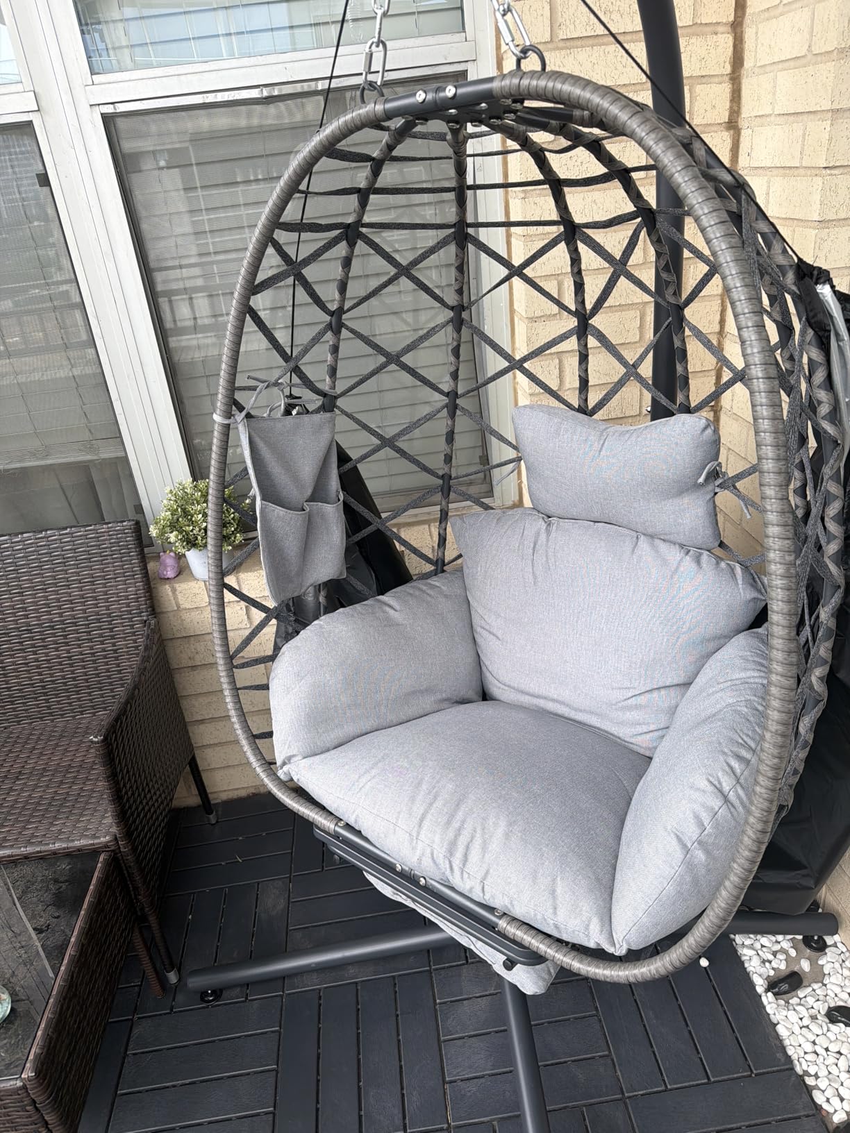 Suteck Hanging Egg Chair with Adjustable Footrest & Stand, Grey | Indoor Outdoor Wicker Hammock Swing Egg Chairs with Cushion, 330lbs Capacity, For Patio, Bedroom, Lawn, Garden customer photo 2