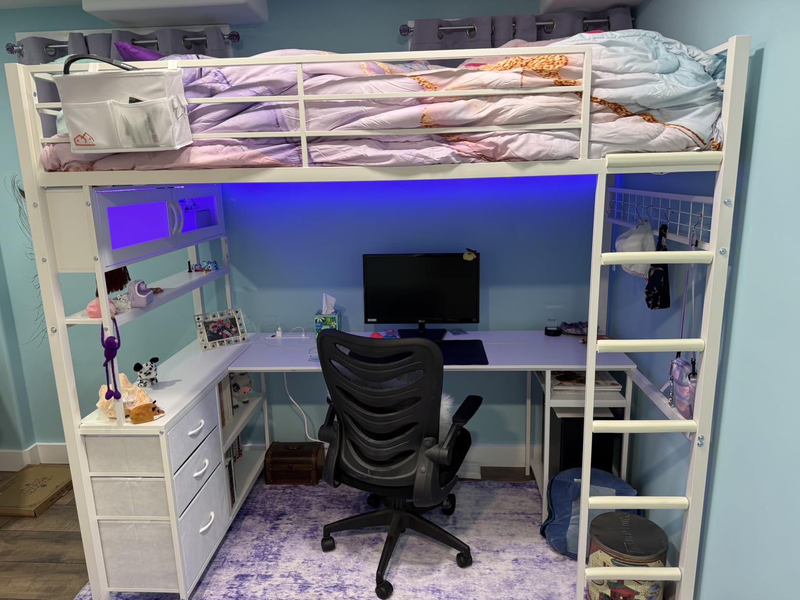DICTAC Twin Loft Bed with L-Shaped Gaming Desk, LED Lights and Charging Station, Gaming Loft Bed Twin Size with Bookshelf and Glass Cabinet, Metal Loft Beds for Teen with Safety Guardrail and Stair, Black customer photo 1