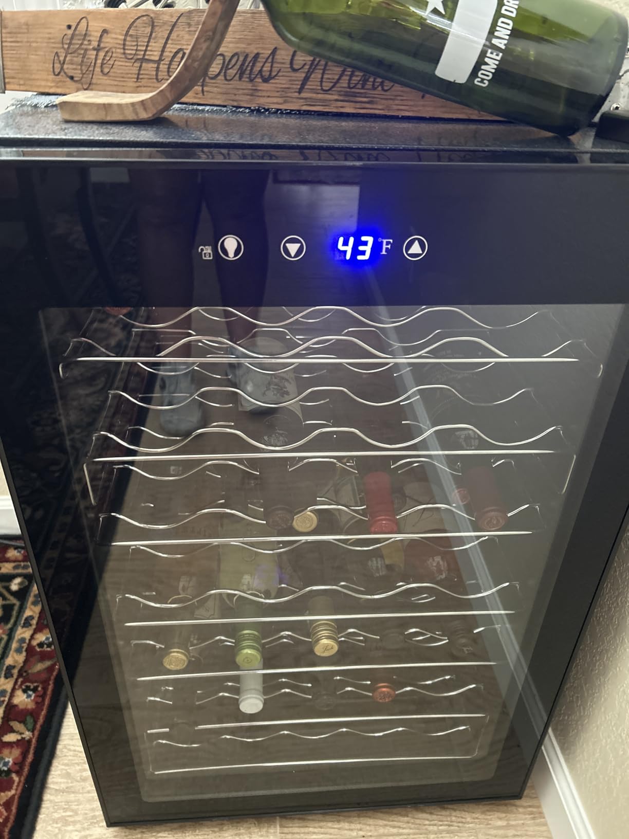 EUHOMY 18L Wine Fridge Mini Fridge, Freestanding Counter-top Wine Cooler | 40°F to 61°F, 4 Bottle and 6 Can, Compressor Cooling, Glass Door, Adjustable Shelves, LED Digital Temperature Control, Quiet customer photo 1