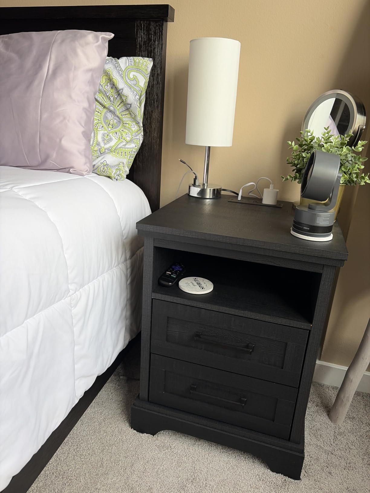 DUMOS Farmhouse Nightstand with Charging Station & USB Ports, Wood Bedside Table with 2 Spacious Storage Drawers and Open Shelf, Minimalist Modern End Table for Bedroom, White customer photo 1