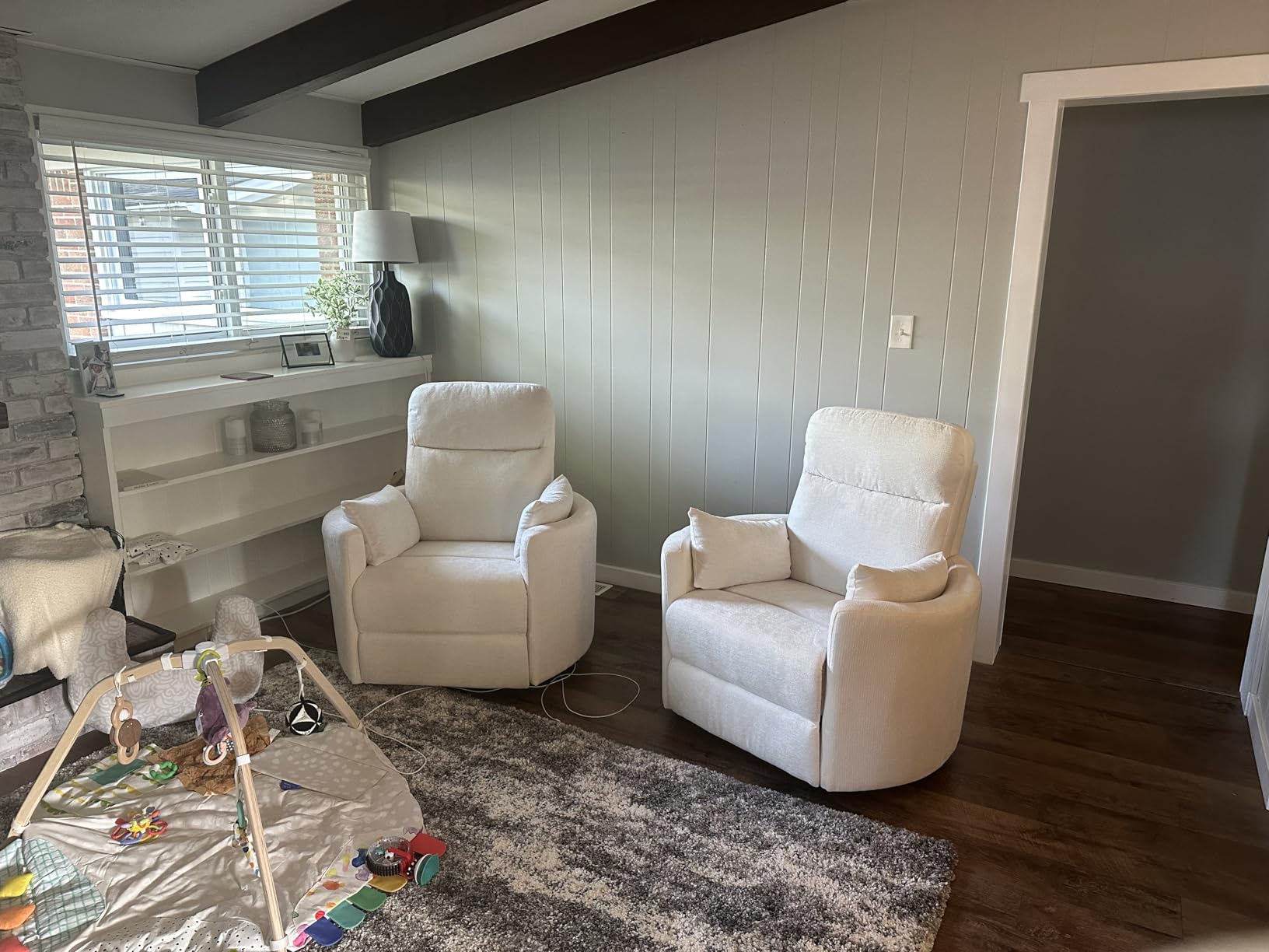 Nursery Rocking Chair, Oversized 360° Swival Glider Recliner Chair, Upholstered Nursery Rocker with 2 Pillows and Footrest customer photo 2