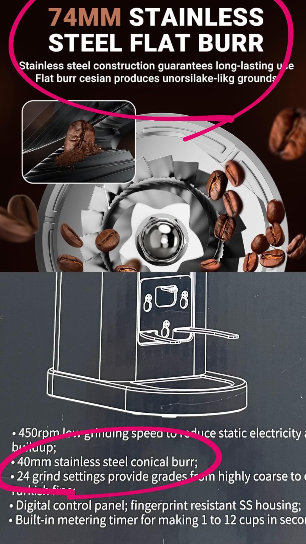 AMZCHEF Commercial Flat Burr Espresso Bean Grinder, Black & Silver | All-Metal Chamber, Anti-Static Tech, 90 Precise Settings, Stainless Steel Housing customer photo 1