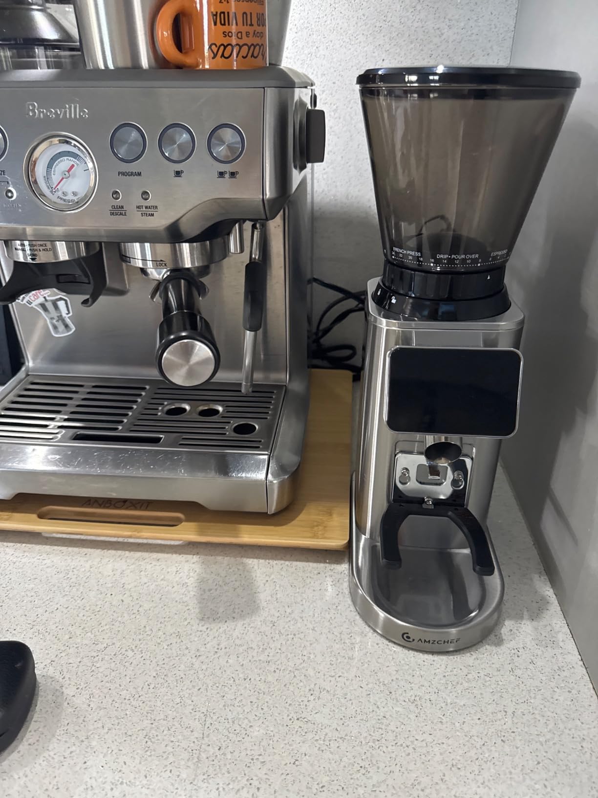 AMZCHEF Commercial Flat Burr Espresso Bean Grinder, Black & Silver | All-Metal Chamber, Anti-Static Tech, 90 Precise Settings, Stainless Steel Housing customer photo 2