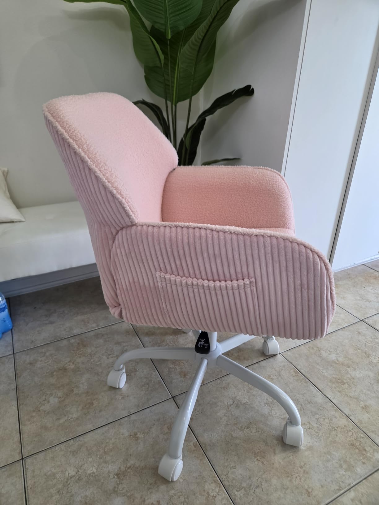 Teddy Fleece & Corduroy Desk Chair, Swivel Office Chair White | Upholstered Vanity Chair with Side Pocket & Wheels, Height Adjustable Chair for Bedroom Makeup Study customer photo 1