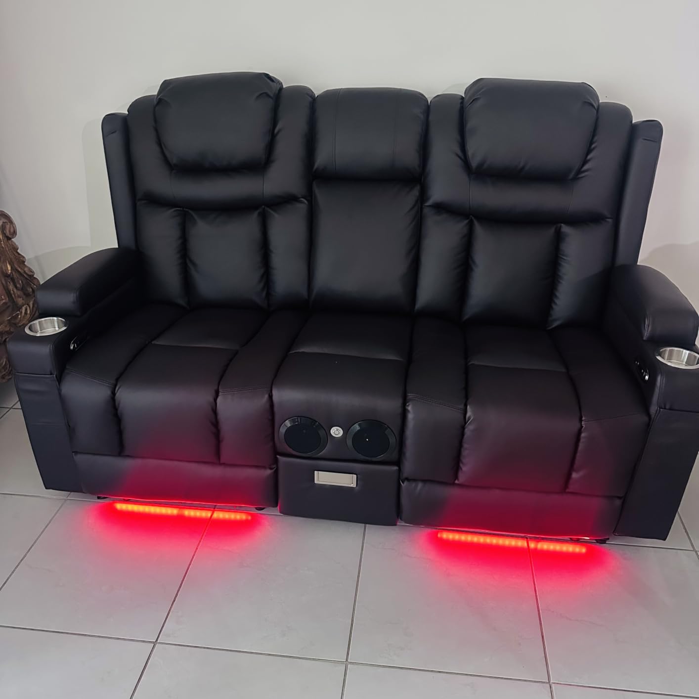 Power Loveseat Recliner Sofa, Home Theater Seating with Flip Back Console, Wall Hugger Reclining Loveseat with LED Light, USB Ports, RV Couch Movie Gaming Chair for Living Room, Gaming Room (Black) customer photo 1