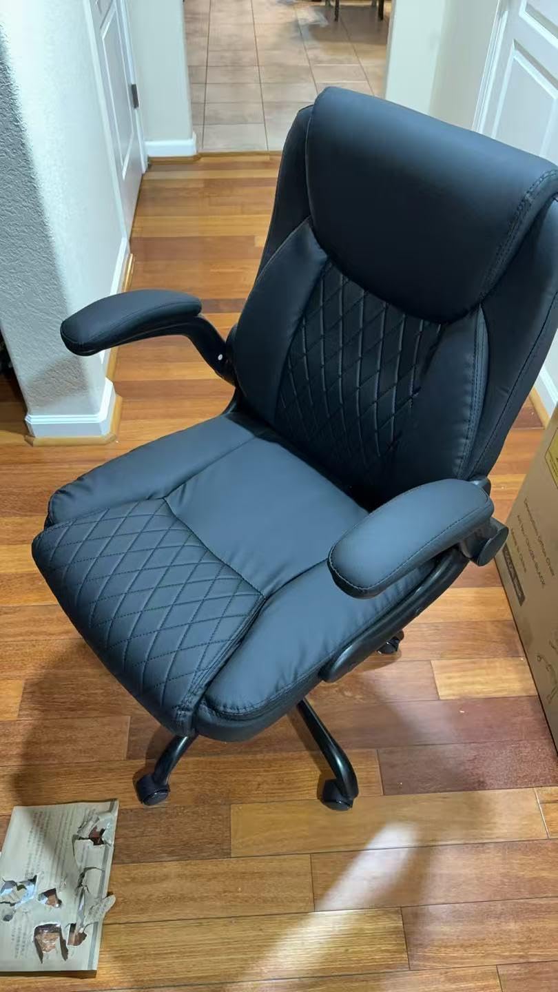 GTPOFFICE Executive Office Chair with Comfortable Lumbar Support, Ergonomic Gaming Chair with Flip-up Armrests & Zoned Pressure-Relief Cushion, Comfy PU Leather Desk Chair, Black customer photo 2