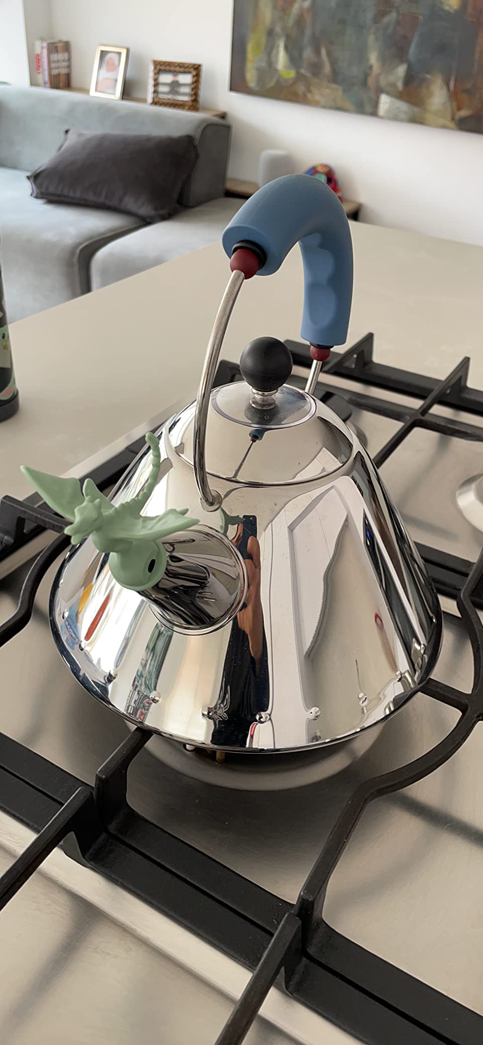 Alessi 9093 - Design Kettle with Handle and Bird-Shaped Whistle, Stainless Steel and PA, Light Blue customer photo 1