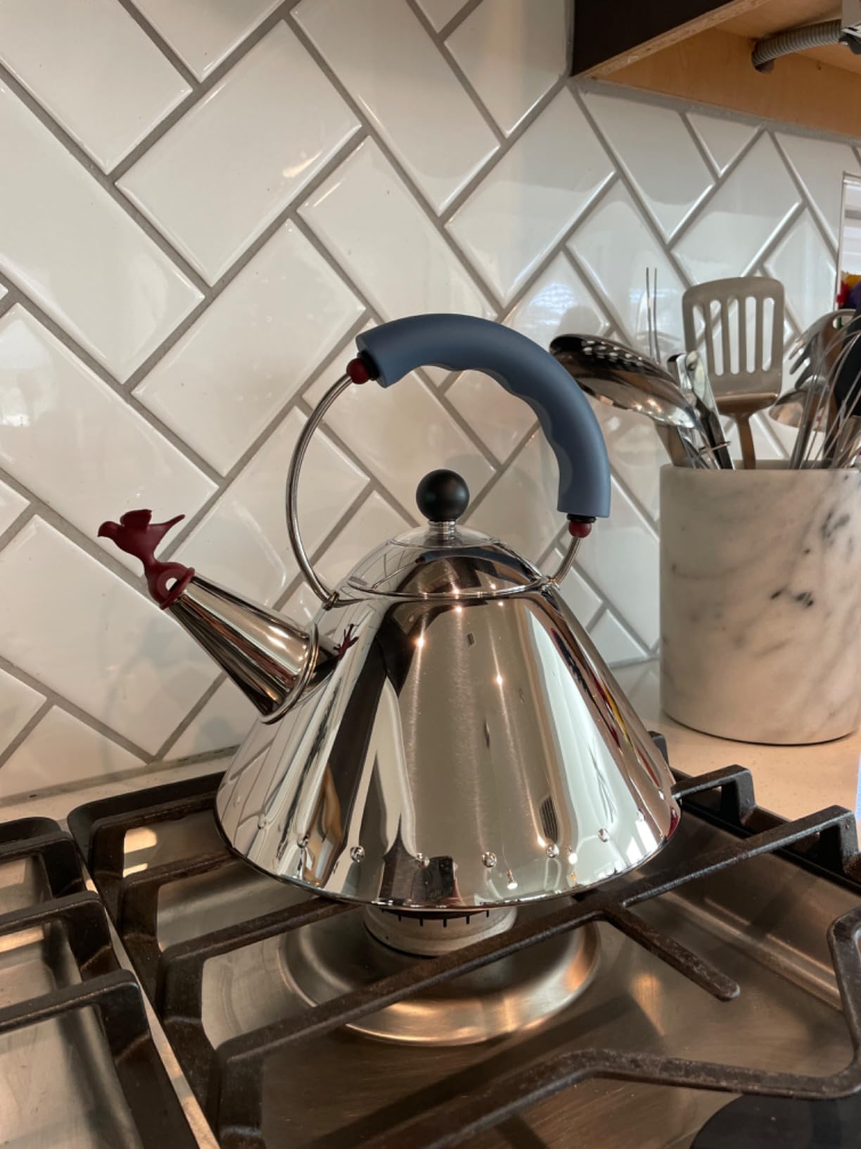 Alessi 9093 - Design Kettle with Handle and Bird-Shaped Whistle, Stainless Steel and PA, Light Blue customer photo 2
