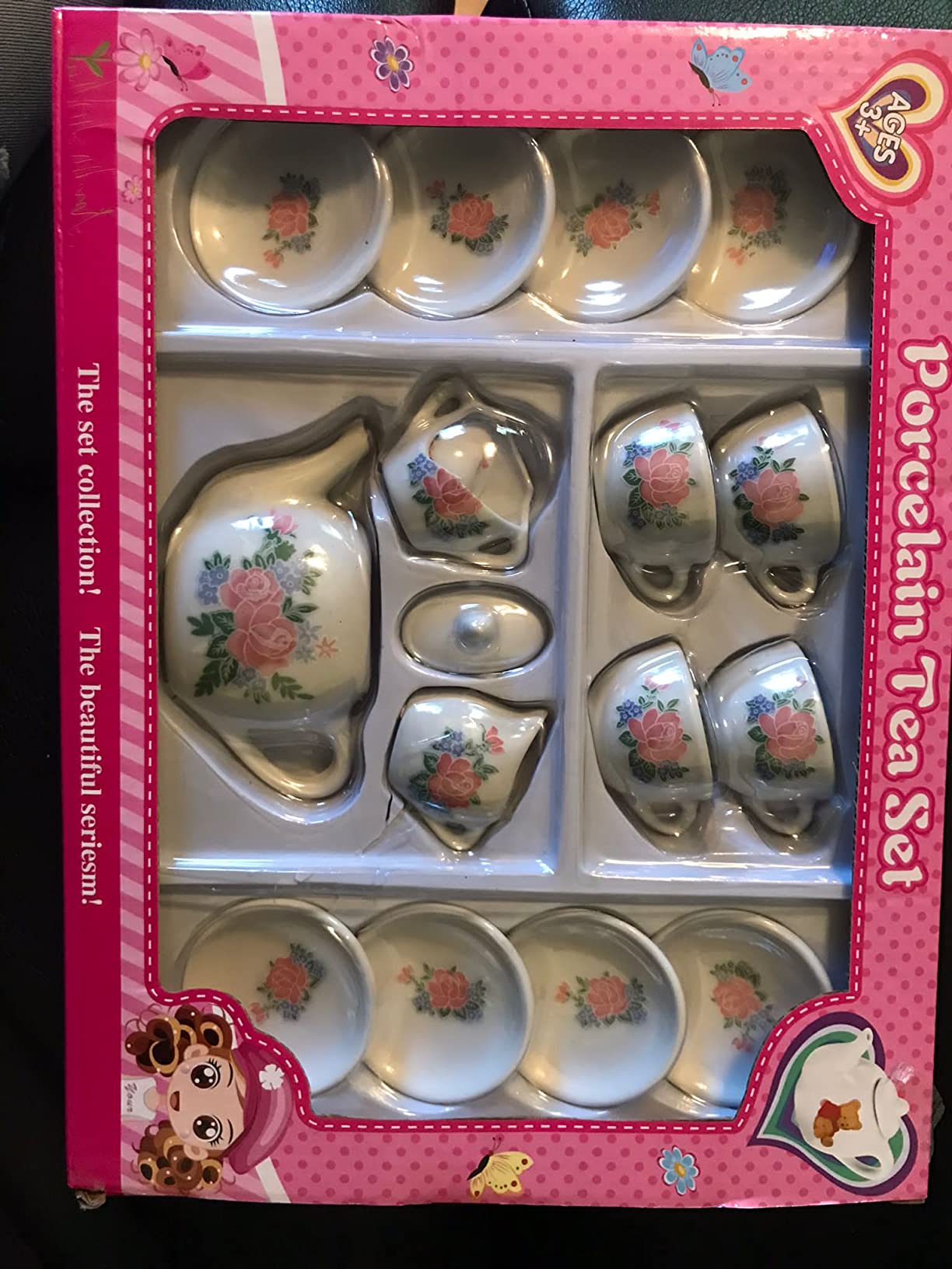 17 Pieces Floral Miniature Porcelain Ceramic Tea Set - Pretend Play Kids Toy Mini Kitchen Playset, Fun Doll Dramatic Play for Little Girls, Kids customer photo 1