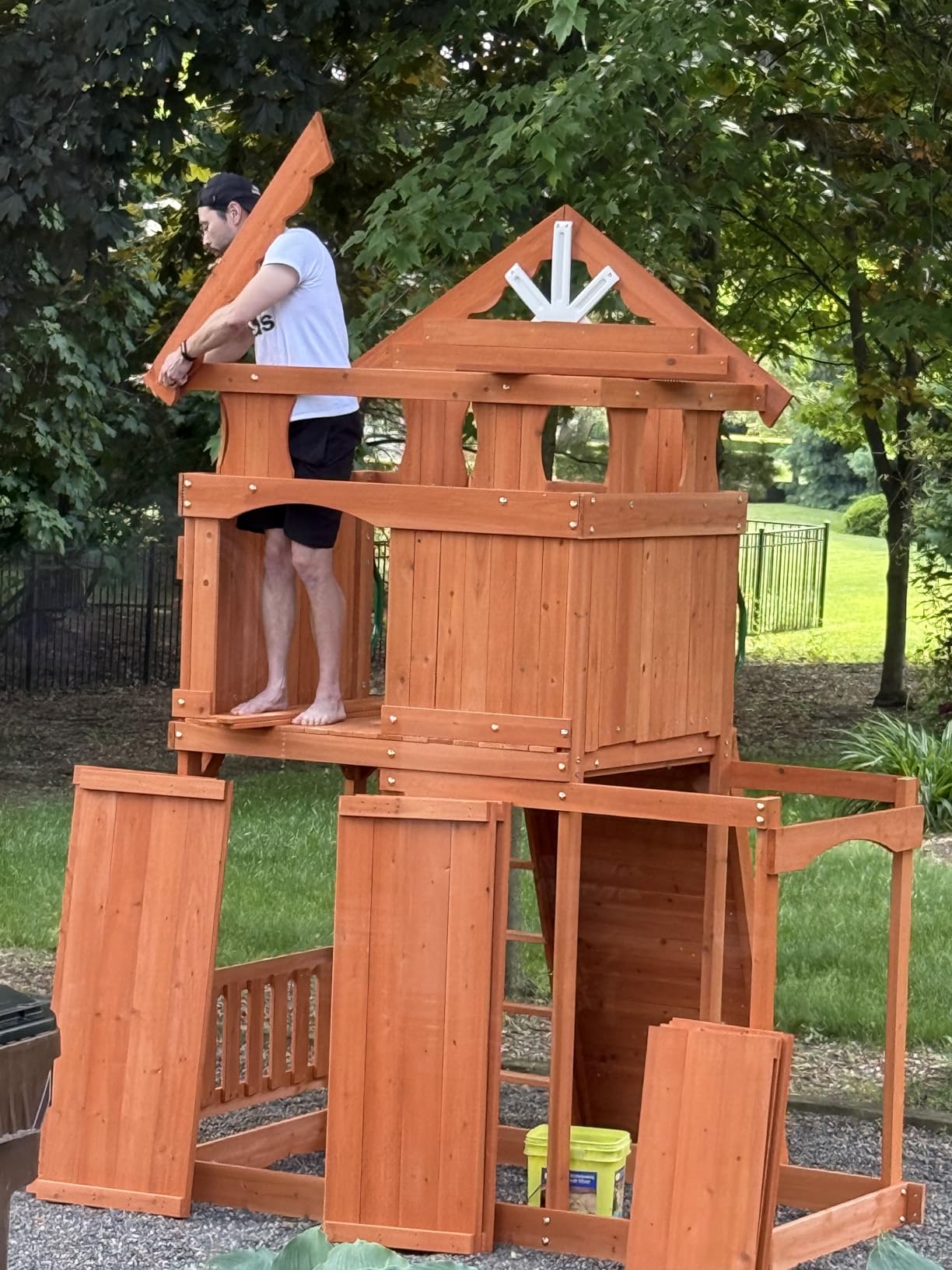 Backyard Discovery Shenandoah Cedar Wood Swing Set with Wave Slide, Raised Clubhouse, Playhouse, Play Kitchen, Belt Swings, Trapeze, Rock Wall, Ladder, Picnic Table, Full Door, Outdoor Playset customer photo 1