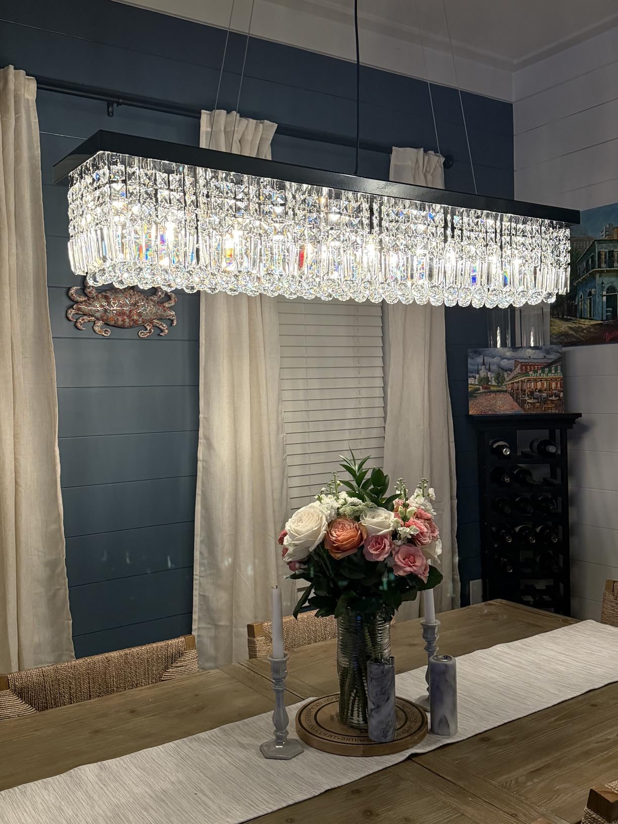 7PM Rectangle K9 Crystal Chandelier Modern Rectangular Pendant Lighting Fixture for Dining Room Kitchen Island Bedroom Black L47'' x W10'' x H10'' customer photo 2