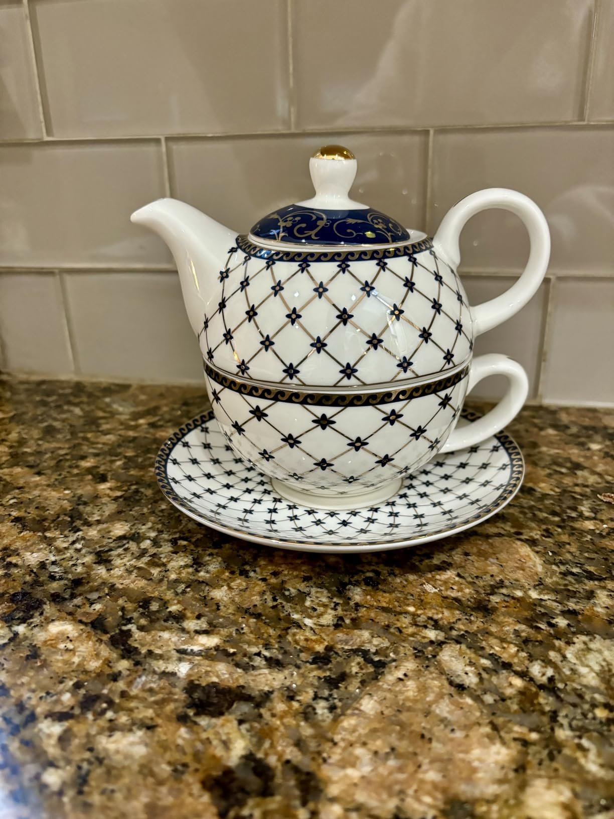 Grace Teaware Porcelain 4-Piece Tea For One (Trellis Blue Gold) customer photo 2