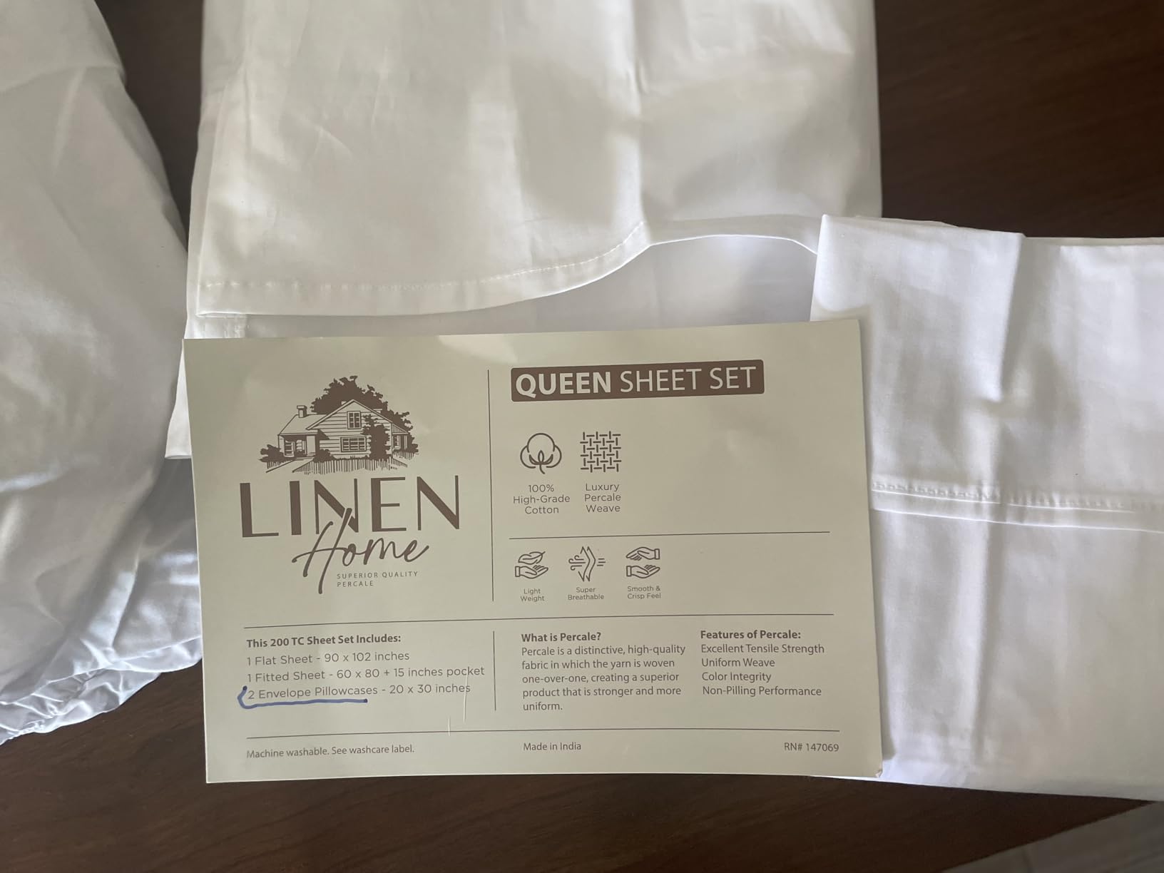 Linen Home 100% Cotton Percale Sheets Queen Size 4 Pc Cooling Set - White customer photo 1