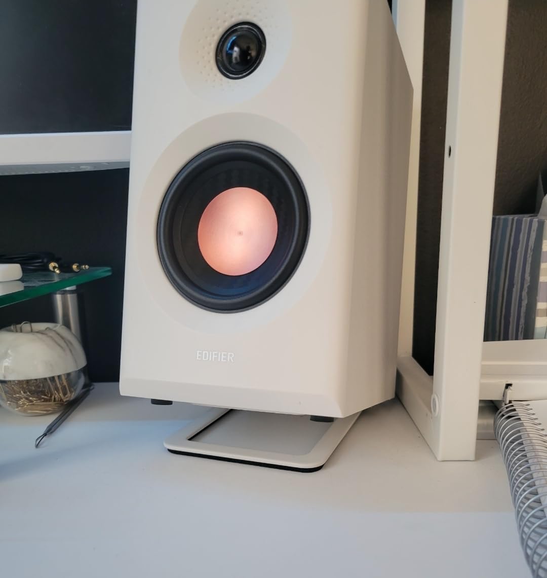 Kanto S4 Tilted Desktop Speaker Stands for Medium Bookshelf Speakers & Mid-Size 3”-4” Studio Monitors | Supports 8 lbs | Damping Foam Padding | ¼”-20 Mounting | Pair | Black customer photo 1