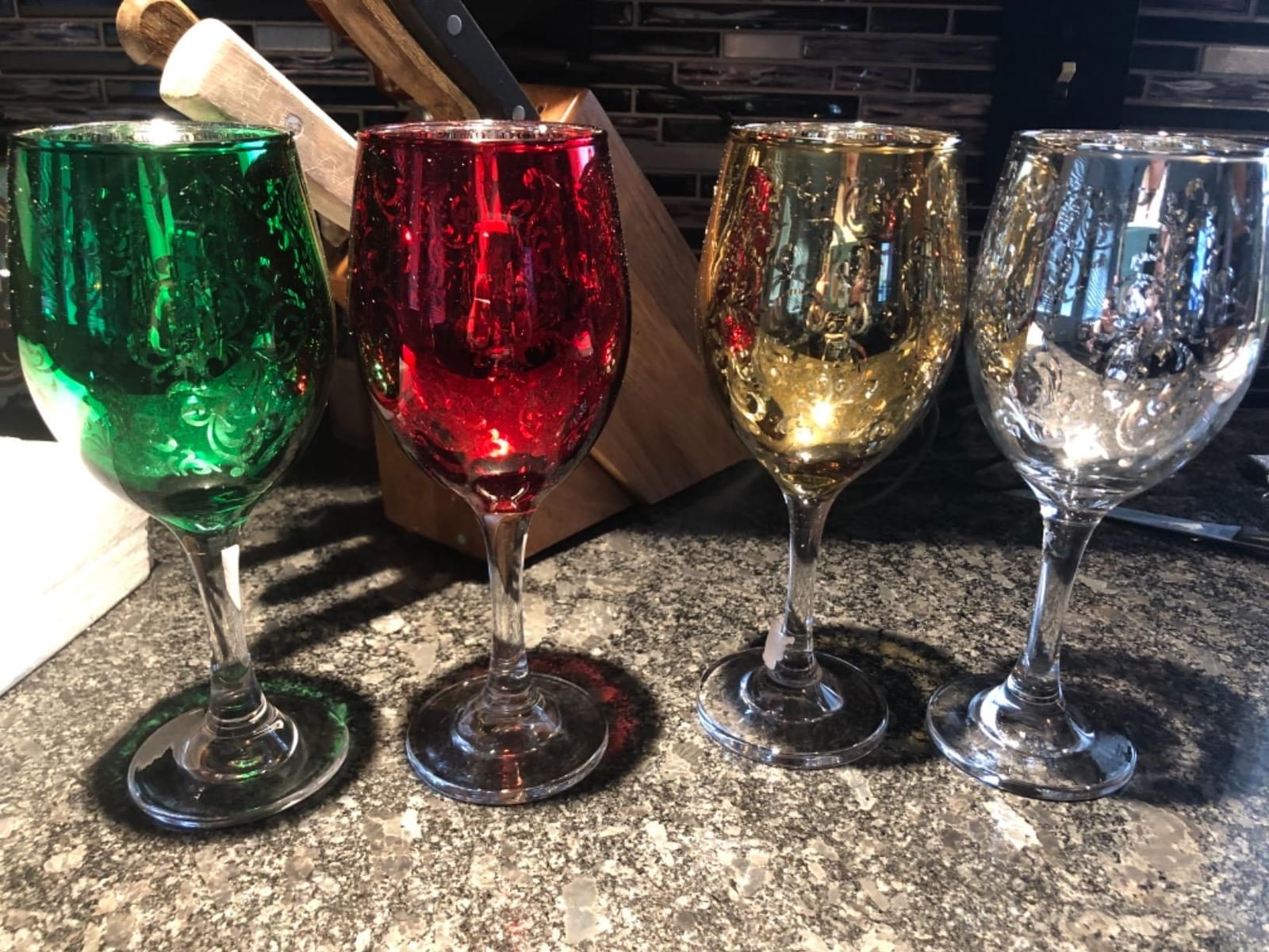 MyGift 4 Piece Stemmed Glassware Set, Holiday Multicolor Etched Wine Glasses, Baroque Pattern Gold Silver Red Green Colored Drinking Glass, 10 oz Capacity customer photo 1