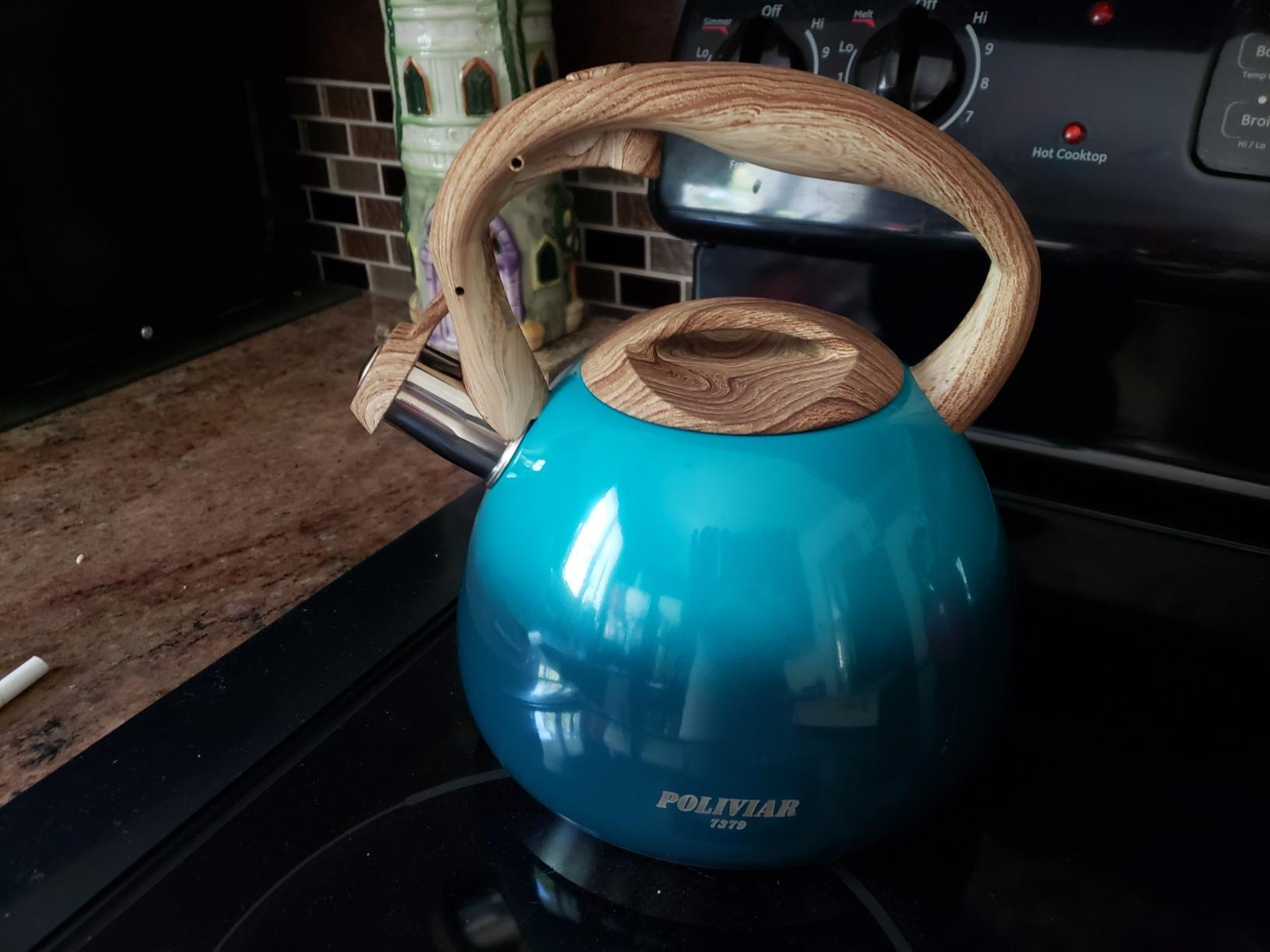 POLIVIAR Tea Kettle, 2.7 Quart Natural Stone Finish with Wood Pattern Handle Loud Whistle Food Grade Stainless Steel Teapot, Anti-Hot Handle and Anti-Rust, Suitable for All Heat Sources (JX2018-GR20) customer photo 1