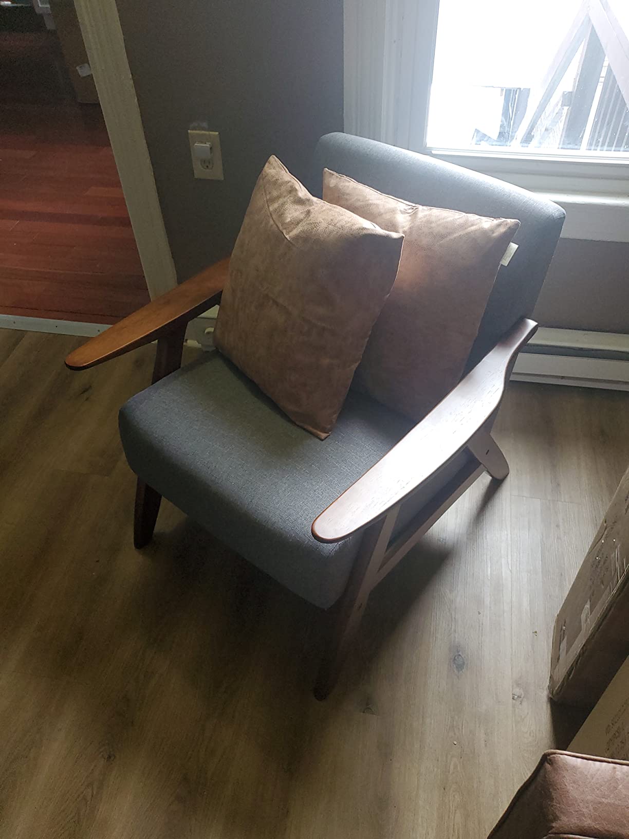 Lexicon Mid Century Modern Accent Chair with Solid Wood Frame in Walnut Finish, Upholstered Living Room Lounge Arm Chair, Thick and Comfy Innerspring Seat Cushion, Linen-Look Fabric, Blue customer photo 2