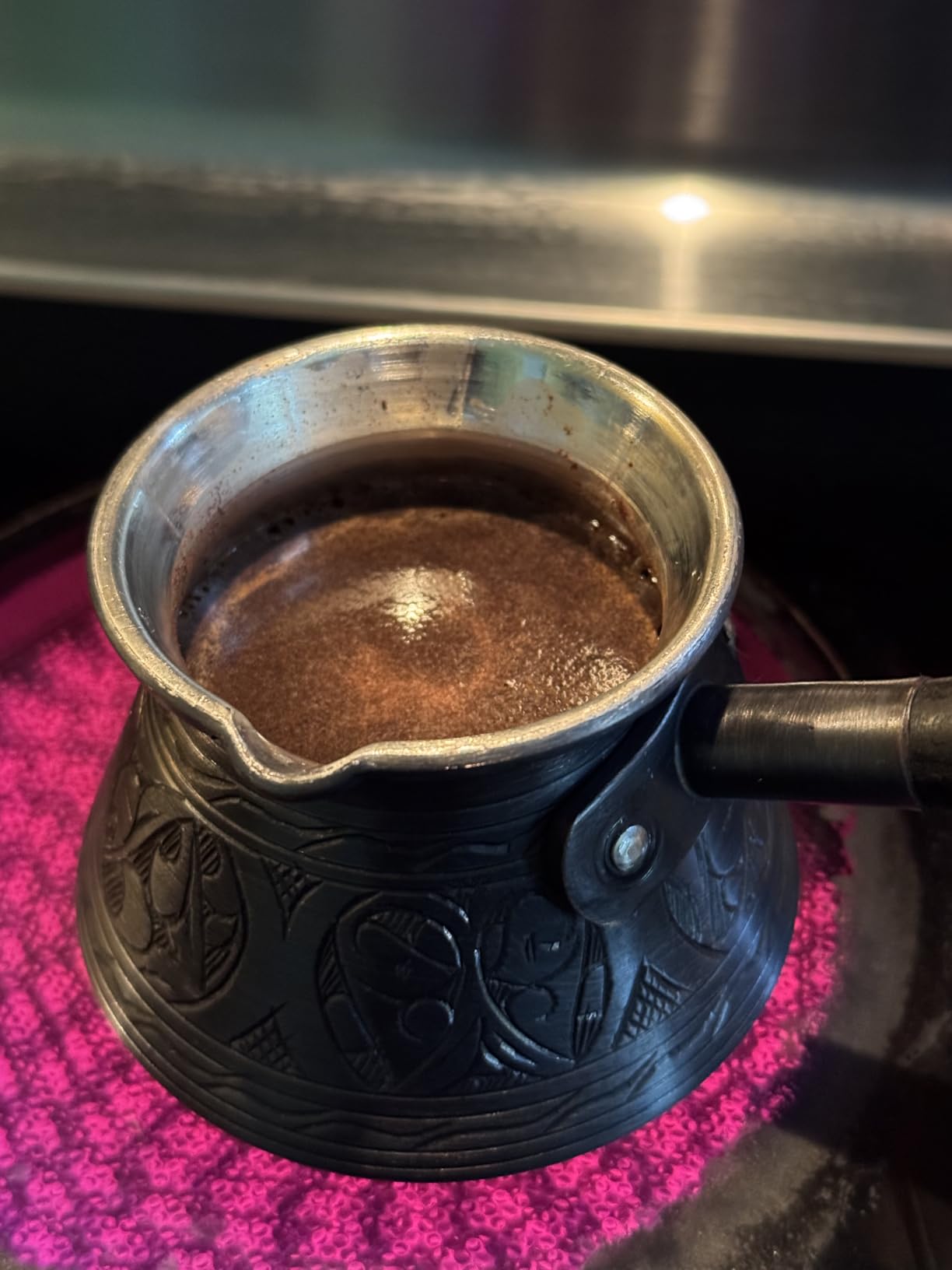 DEMMEX Copper Turkish Coffee Pot Cezve Ibrik Greek Coffee Briki Stovetop Coffee Maker with Wooden Handle & Spoon, 1mm Thick Copper, Handmade & Engraved in TURKEY, 9 fl Oz - 3 Servings customer photo 1