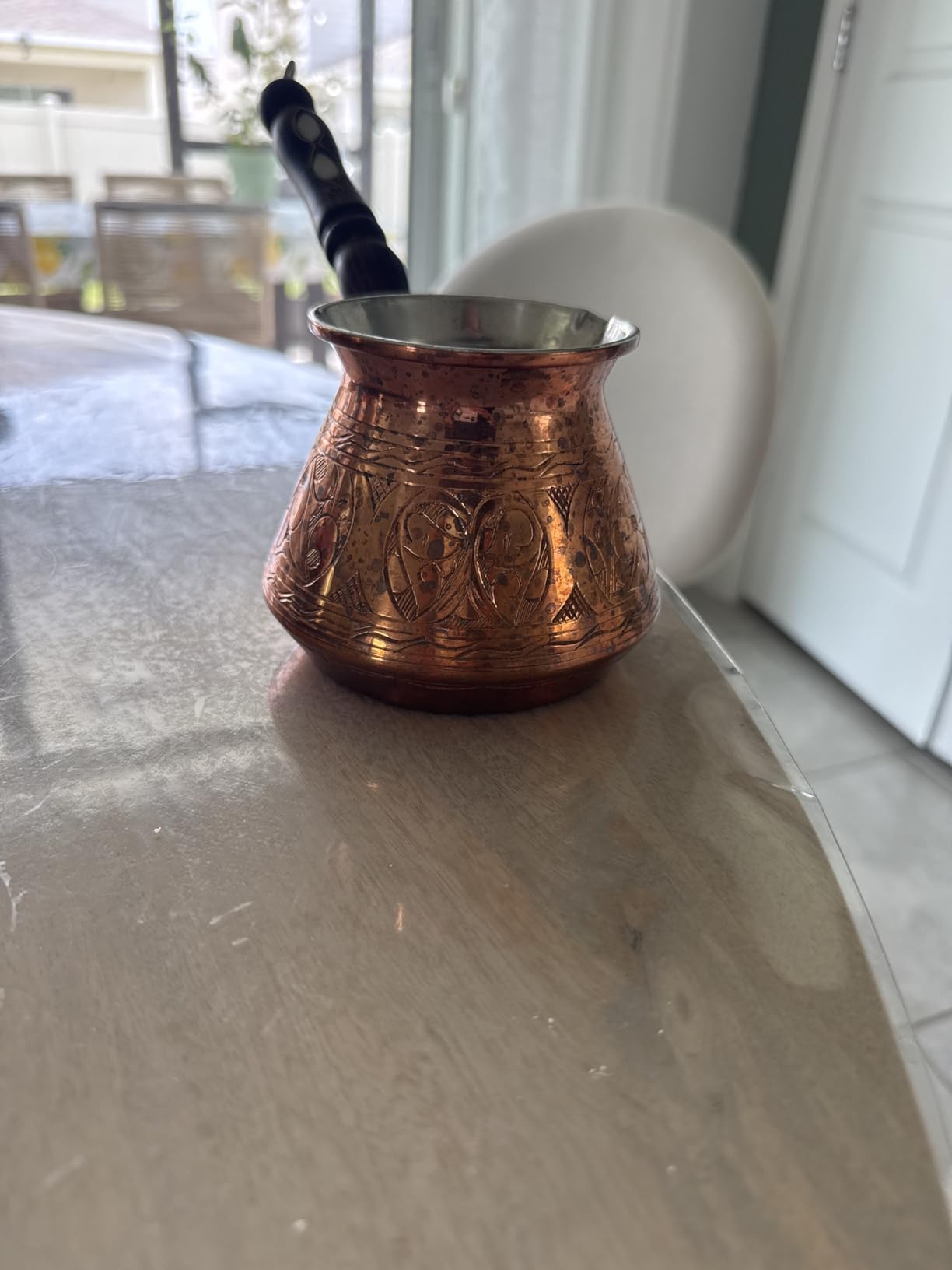 DEMMEX Copper Turkish Coffee Pot Cezve Ibrik Greek Coffee Briki Stovetop Coffee Maker with Wooden Handle & Spoon, 1mm Thick Copper, Handmade & Engraved in TURKEY, 9 fl Oz - 3 Servings customer photo 2