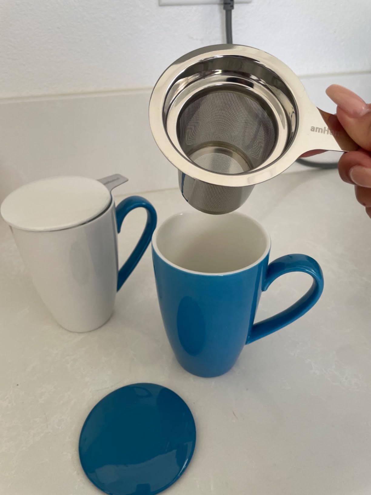 amhomel Porcelain Tea Mug with Infuser and Lid, 16 Ounce Ceramic Tea Cup for Loose Leaf, Coffee, Cocoa and Milk, Tea Gift for Tea Lovers, Set of 2(Navy Blue and White) customer photo 2