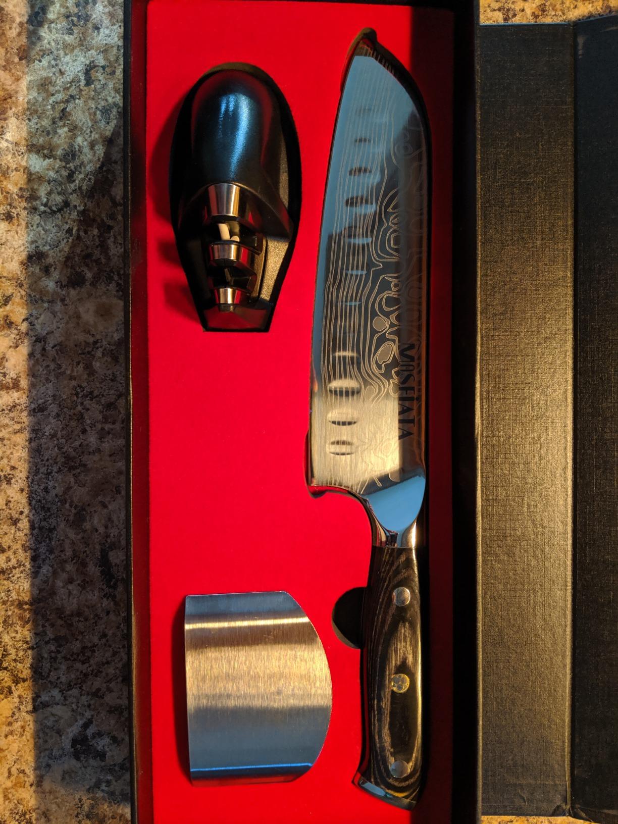 MOSFiATA Santoku Knife- 7 Inch Vegetable Knife Ultra Sharp Chopping Knife- Forged EN.4116 German Steel- Including Sheath,Finger Guard,Knife Sharpener,Full Tang,Best Gifts with Handmade Gift Box customer photo 2
