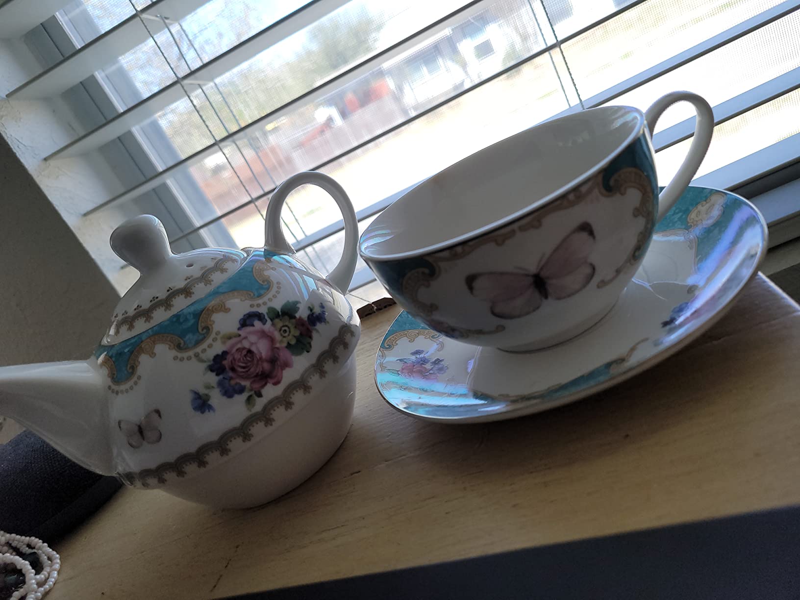 fanquare English Blue Porcelain Tea for One Set, Floral Teapot with Cup customer photo 1