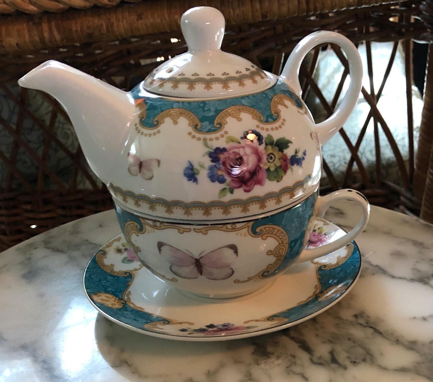 fanquare English Blue Porcelain Tea for One Set, Floral Teapot with Cup customer photo 2
