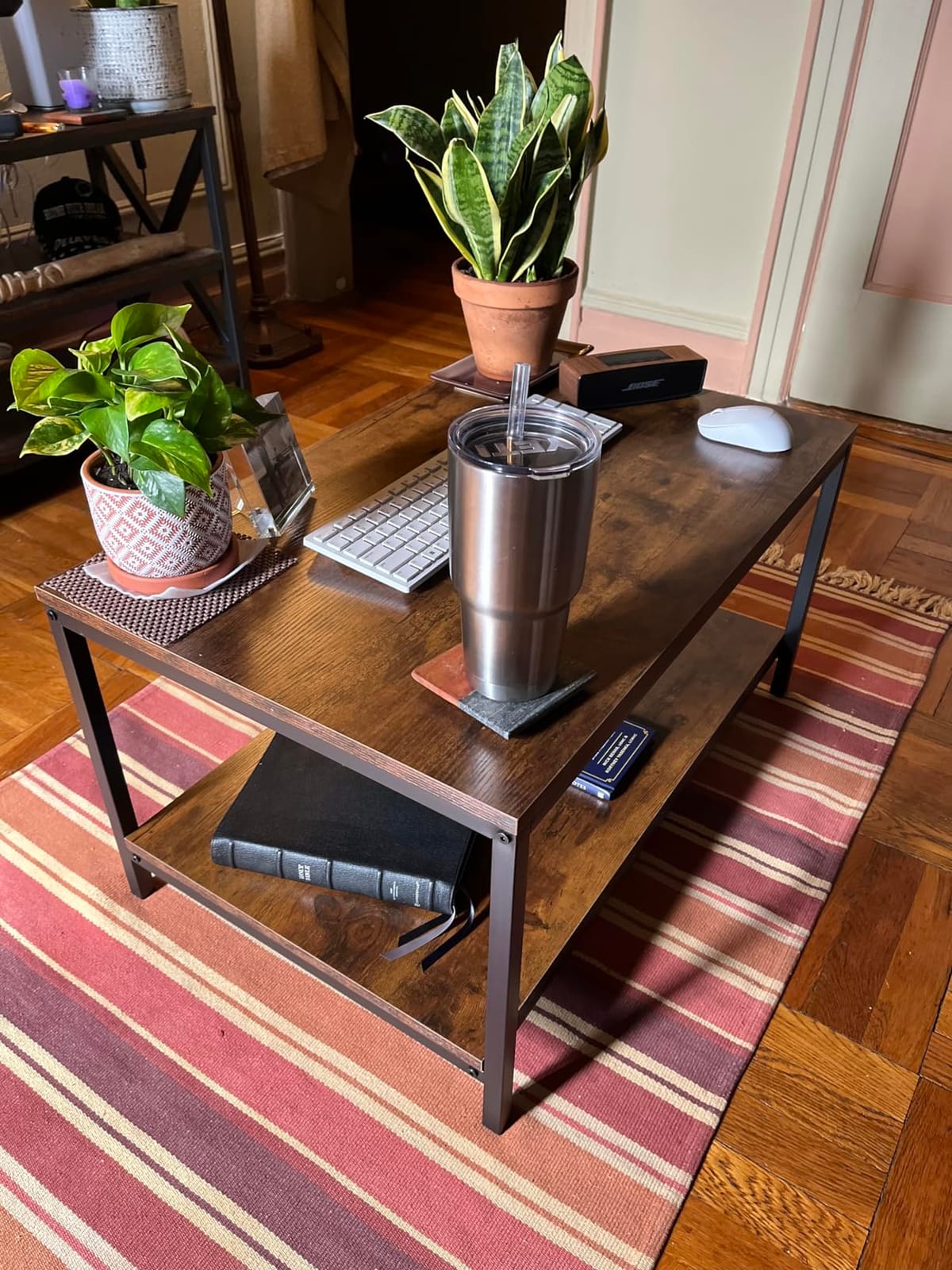 SUPER DEAL 2-Tier Industrial Coffee Table with Storage Shelf for Small Apartment Living Room, Rectangle Wood and Stable Metal TV Stand Side End Table, Rustic Brown customer photo 1