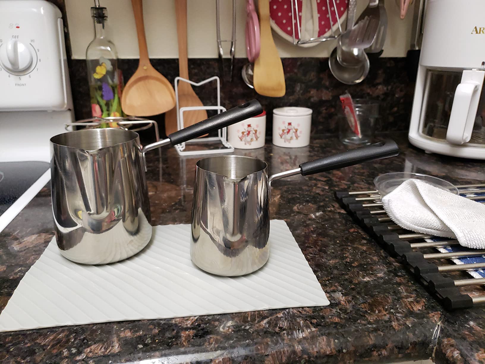 Dicunoy Set of 2 Milk Butter Warmer Pot, 12oz/22oz Turkish Coffee Pot, Stovetop Chocolate Melting Pan, Cezve Ibrik Briki Greek Arabic Coffee Maker for Maple Syrup, Sauce Heating, 18/8 Stainless Steel customer photo 1