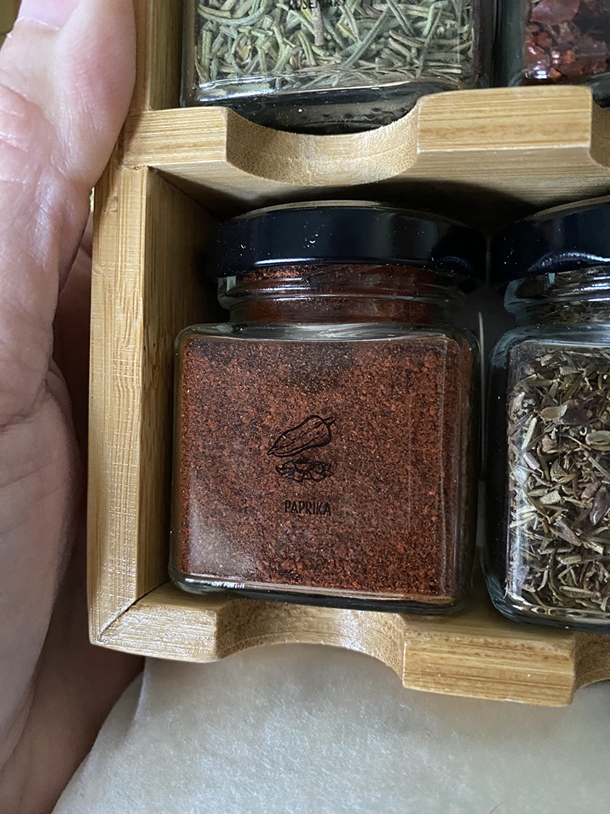 TILZ GEAR Wooden 3-Tier Spice Rack, 12 Filled Glass Jars, 12 Organic Spices Included, Brown customer photo 2
