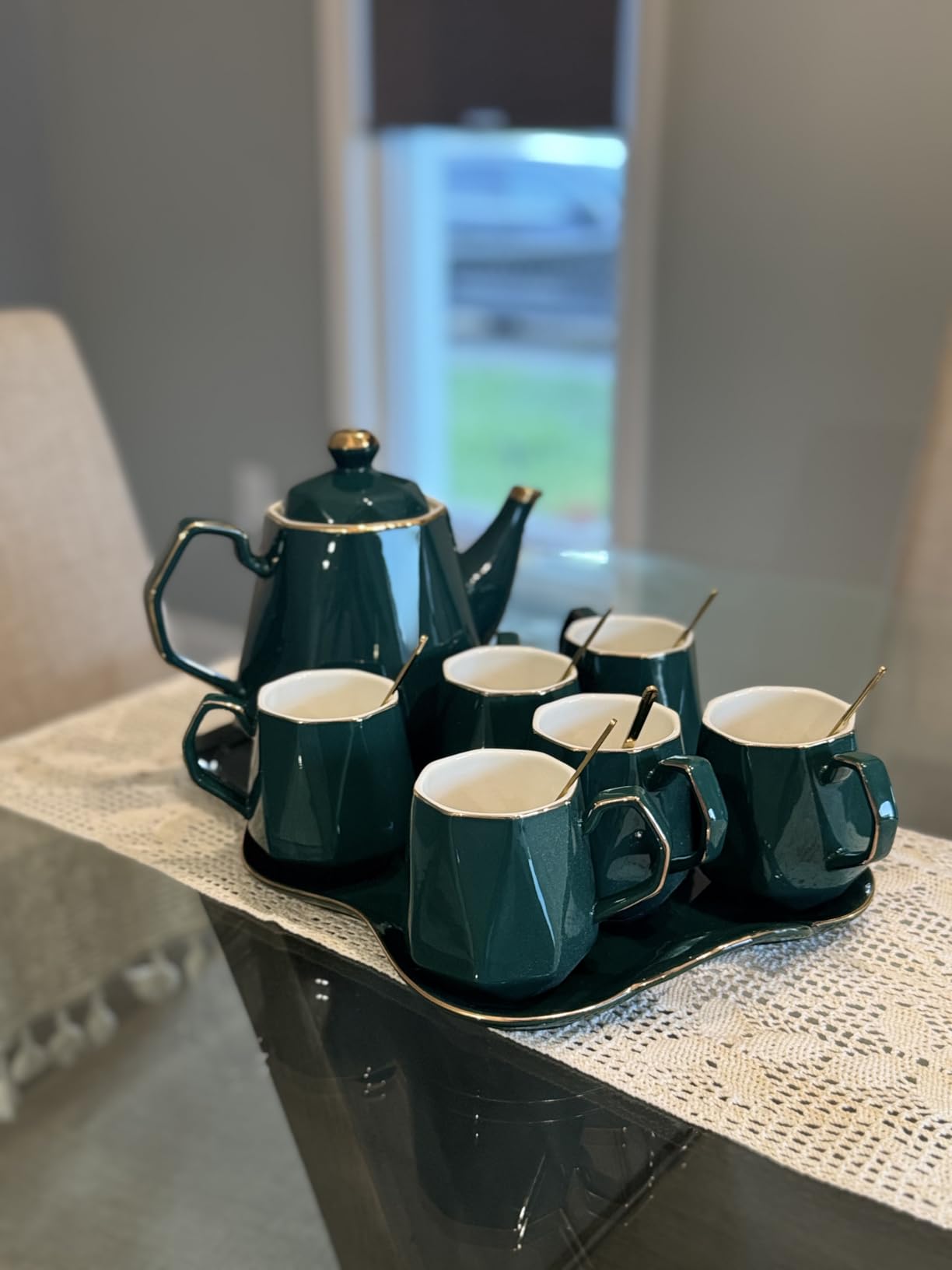DUJUST 14 pcs Tea Set for 6 with Tea Tray & Spoons, Luxury British Style Coffee Cup Set with Golden Trim, Beautiful Porcelain Set for Living Room Decor, Tea Party Set, Gift Package - White customer photo 2