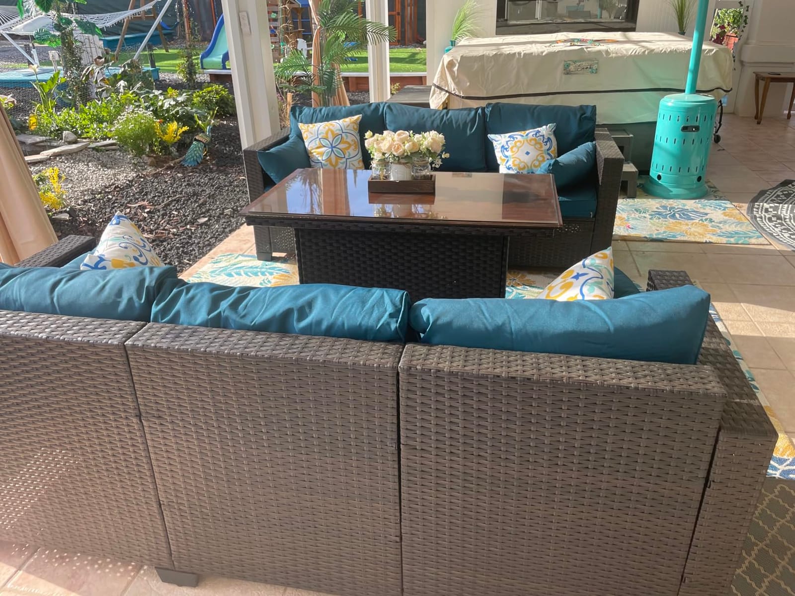 WAROOM Outdoor PE Wicker Coffee Table - Patio Rattan Garden Furniture Multi-Functional Storage Tea Dining Table, Grey customer photo 1