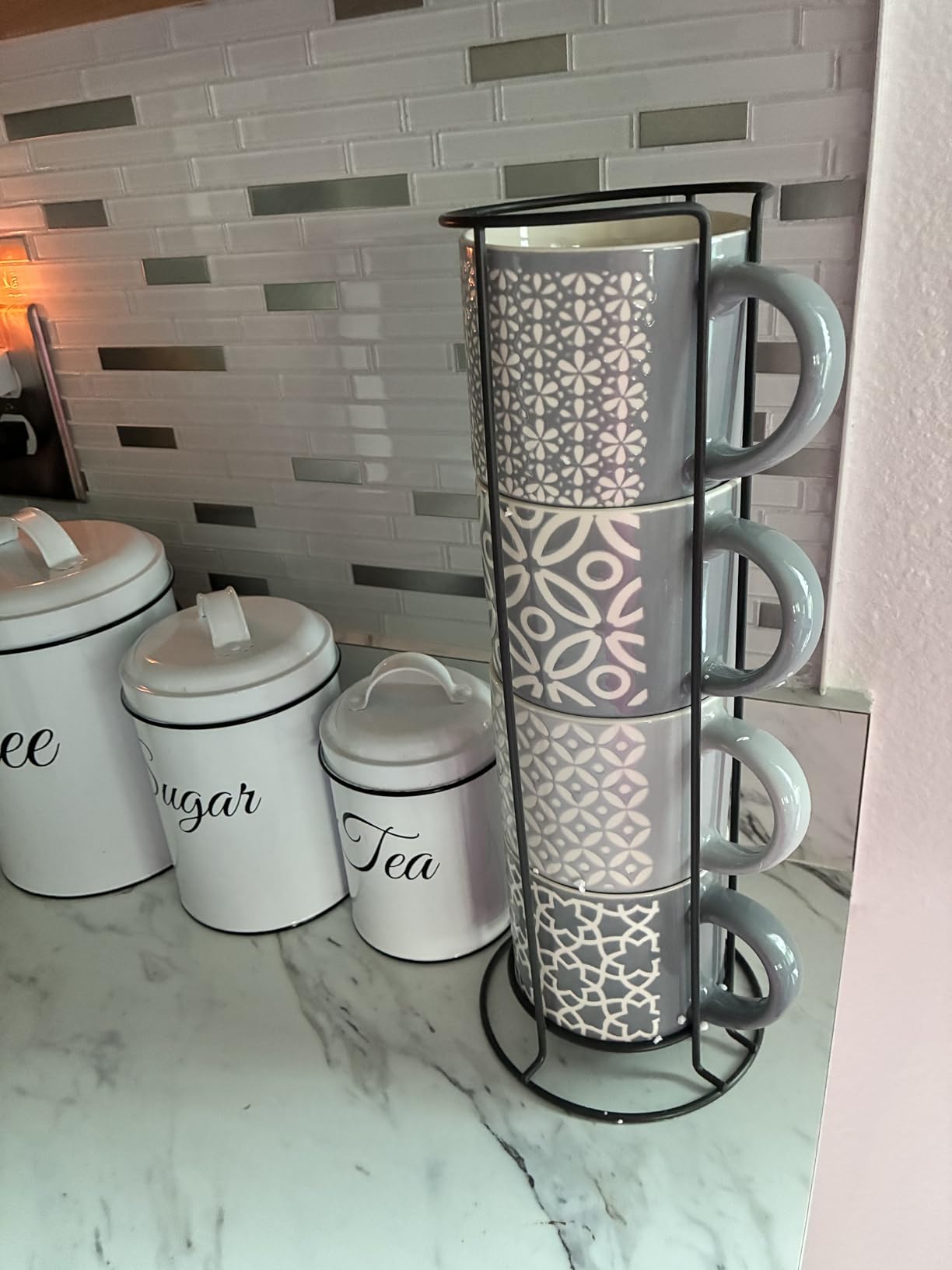 Hiceeden Set of 4 Coffee Mugs with Metal Stand, 15 oz Stackable Espresso Cups Ceramic Coffee Mugs for Cocoa, Latte, Americano, Cappuccinos or Beverages customer photo 1