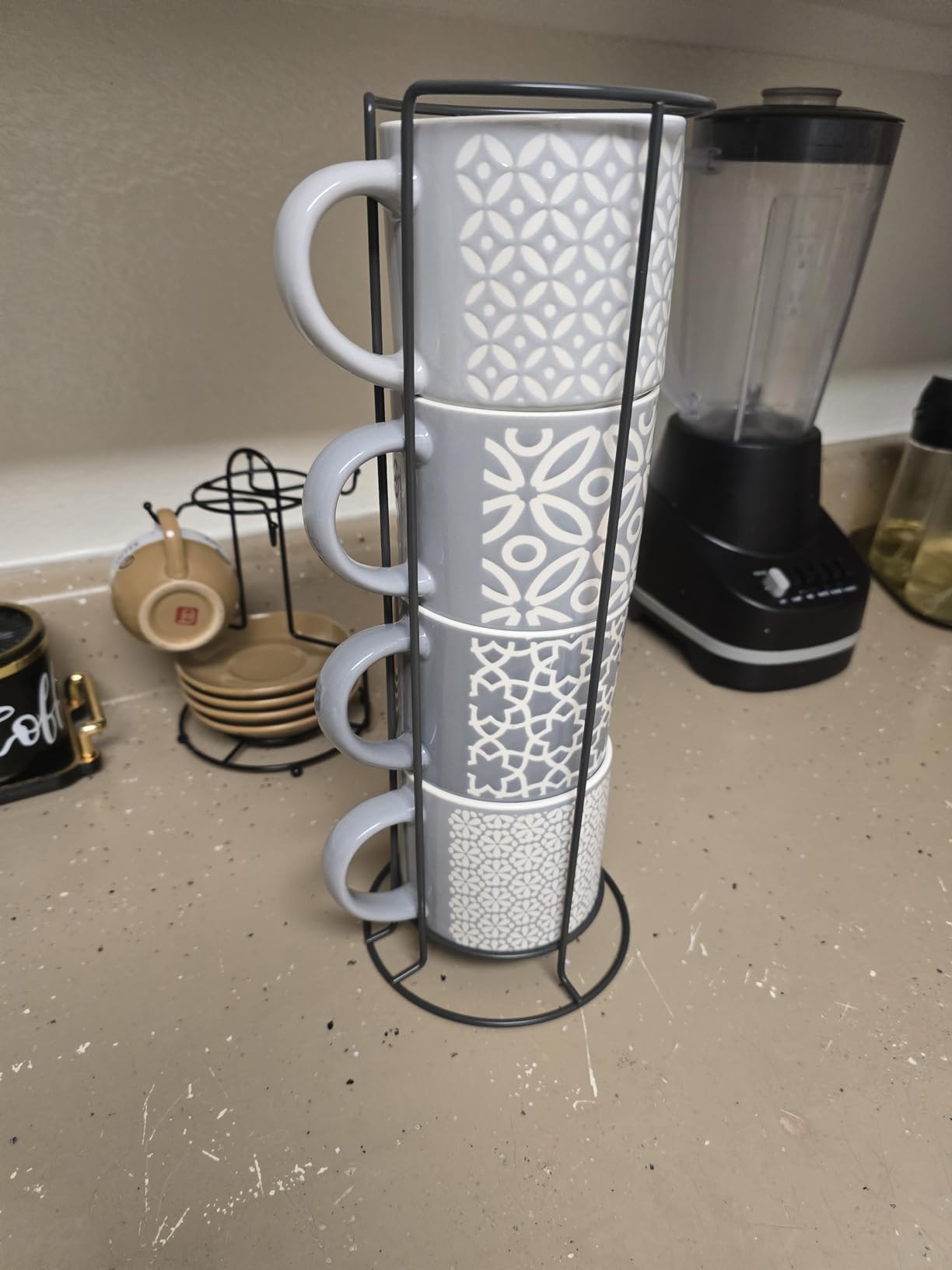 Hiceeden Set of 4 Coffee Mugs with Metal Stand, 15 oz Stackable Espresso Cups Ceramic Coffee Mugs for Cocoa, Latte, Americano, Cappuccinos or Beverages customer photo 2