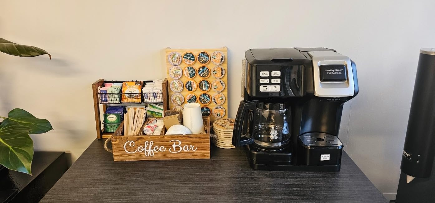 QUALLON Coffee Station Organizer with Small Removable Dividers, Wooden Coffee Bar Accessories Storage For Countertop, Farmhouse Kcup Coffee Pod Holder Basket With Handle For Coffee Lover customer photo 2