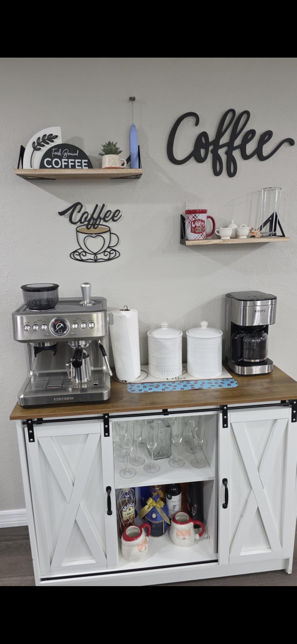 4 EVER WINNER Coffee Bar Cabinet with Sliding Barn Doors, 42”Farmhouse Buffet Cabinet with Storage for Kitchen, Coffee Bar with Adjustable Shelf for Dining Room, White customer photo 1