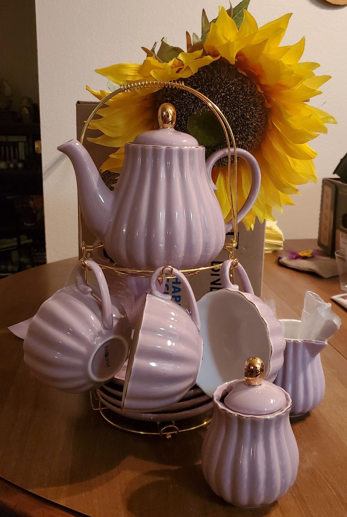 Jusalpha Porcelain Tea Set- 8 OZ Coffee/Teacup, Saucer, Cup Holder, Purple customer photo 1
