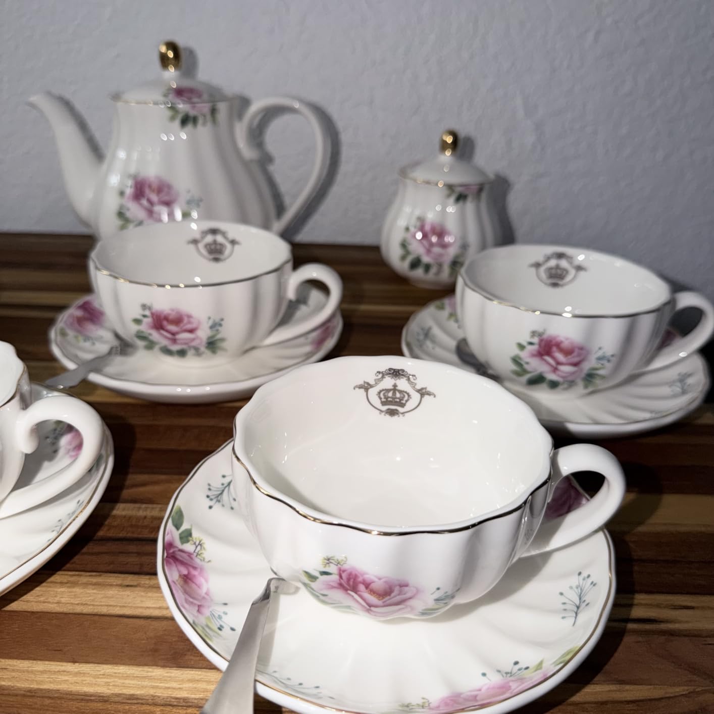 Porcelain Tea Sets British Royal Series, 8 OZ Cups & Saucer Service for 6, with Teapot Sugar Bowl Cream Pitcher Teaspoons and Tea Strainer, Suitable for High Tea, Wedding, Party(Rose Flower) customer photo 1