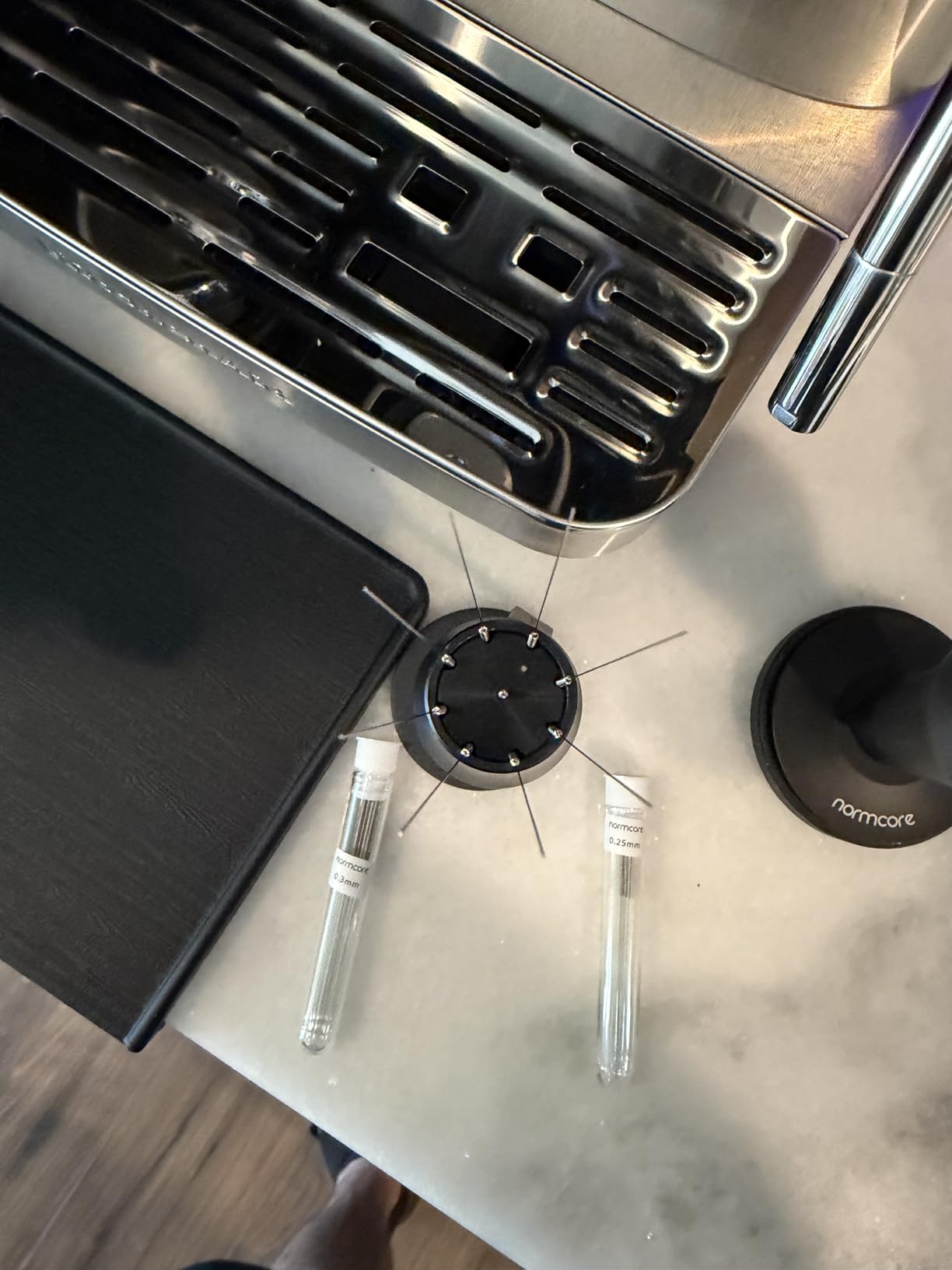 Normcore WDT Distribution Tool with Stand V3-9 Prong Needle Espresso Stirrer - 18 Needles 0.25mm / 0.3mm Thick Spring Wires - Weiss Distribution Technique - Anodized Aluminum Handle customer photo 1