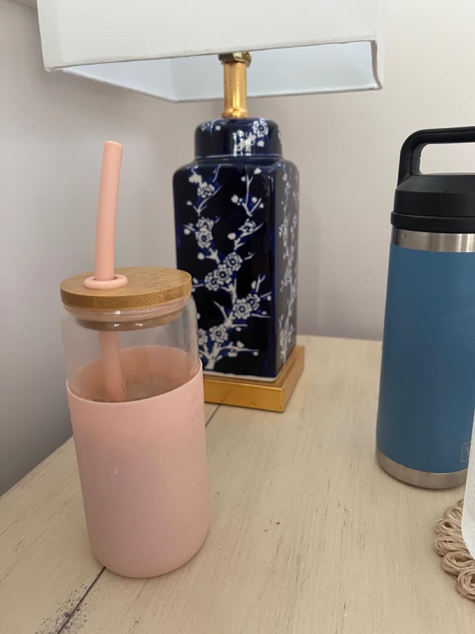 20 OZ Glass Cups with Bamboo Lids and Straws - Beer Can Drinking Glasses with Silicone Protective Sleeve Set, Iced Coffee Glasses, Cute Tumbler Cup for Water, Tea, Gift - Cambridge Blue, Amber customer photo 2