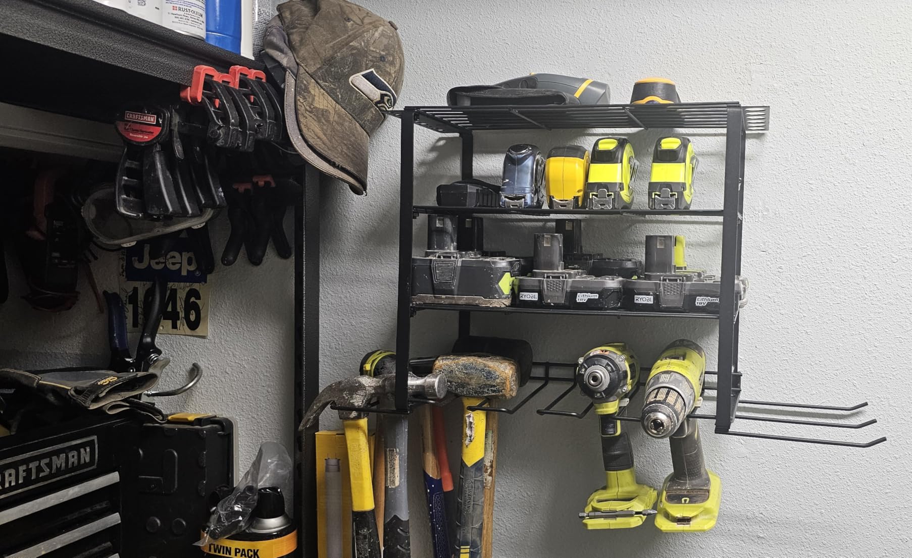 SUNALLY Power Tool Organizer, Heavy Duty Iron, 3 Layers Storage Rack with 4 Drill Holders, Floating Tool Shelf Wall Mounted, Matte Black, Work Shop, Garage, 150Lbs Load Capacity customer photo 1