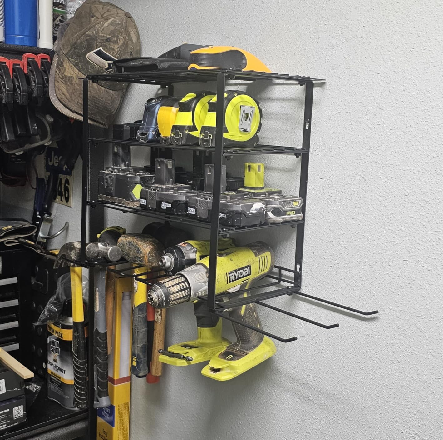 SUNALLY Power Tool Organizer, Heavy Duty Iron, 3 Layers Storage Rack with 4 Drill Holders, Floating Tool Shelf Wall Mounted, Matte Black, Work Shop, Garage, 150Lbs Load Capacity customer photo 2