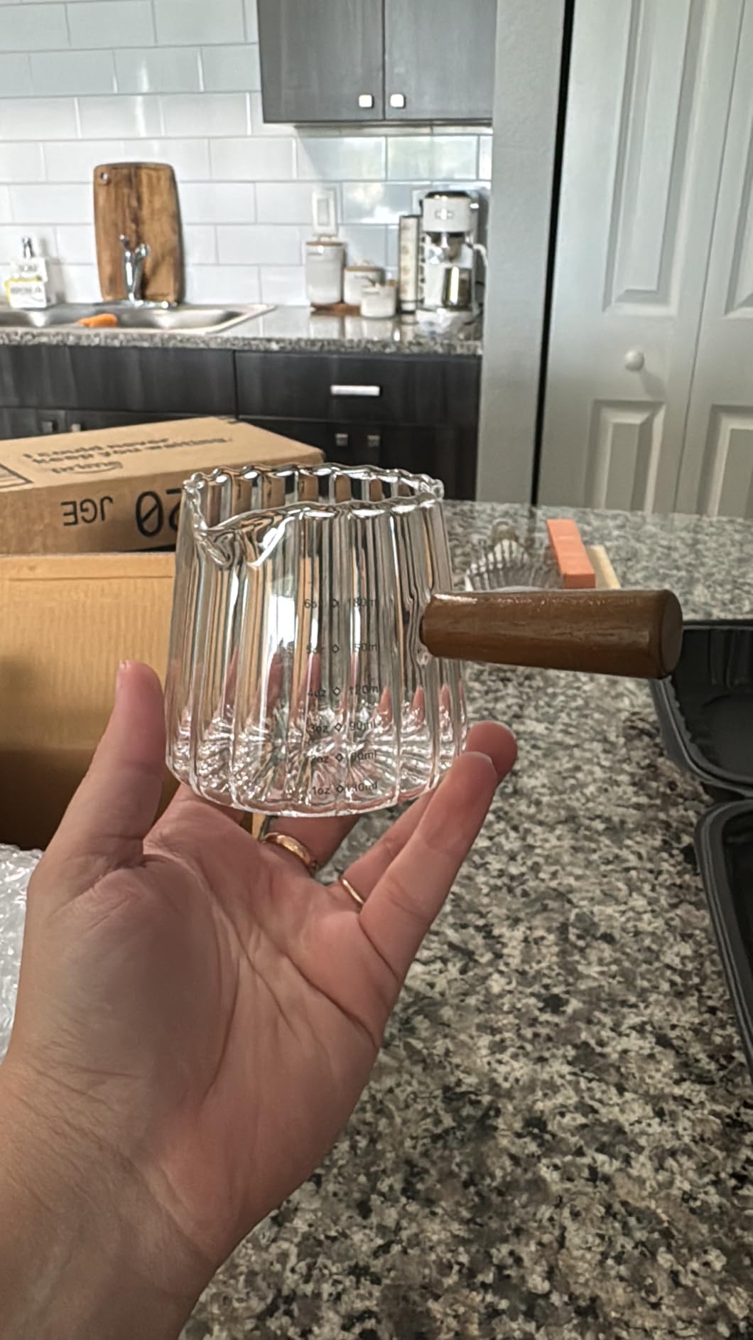 Joeyan 6 oz Glass Measuring Cups with Spout,Borosilicate Glass Triple Pitcher with Scale,Origami Style Espresso Shot Glasses with Wood Handle for Coffee Milk,Dishwasher Safe customer photo 1